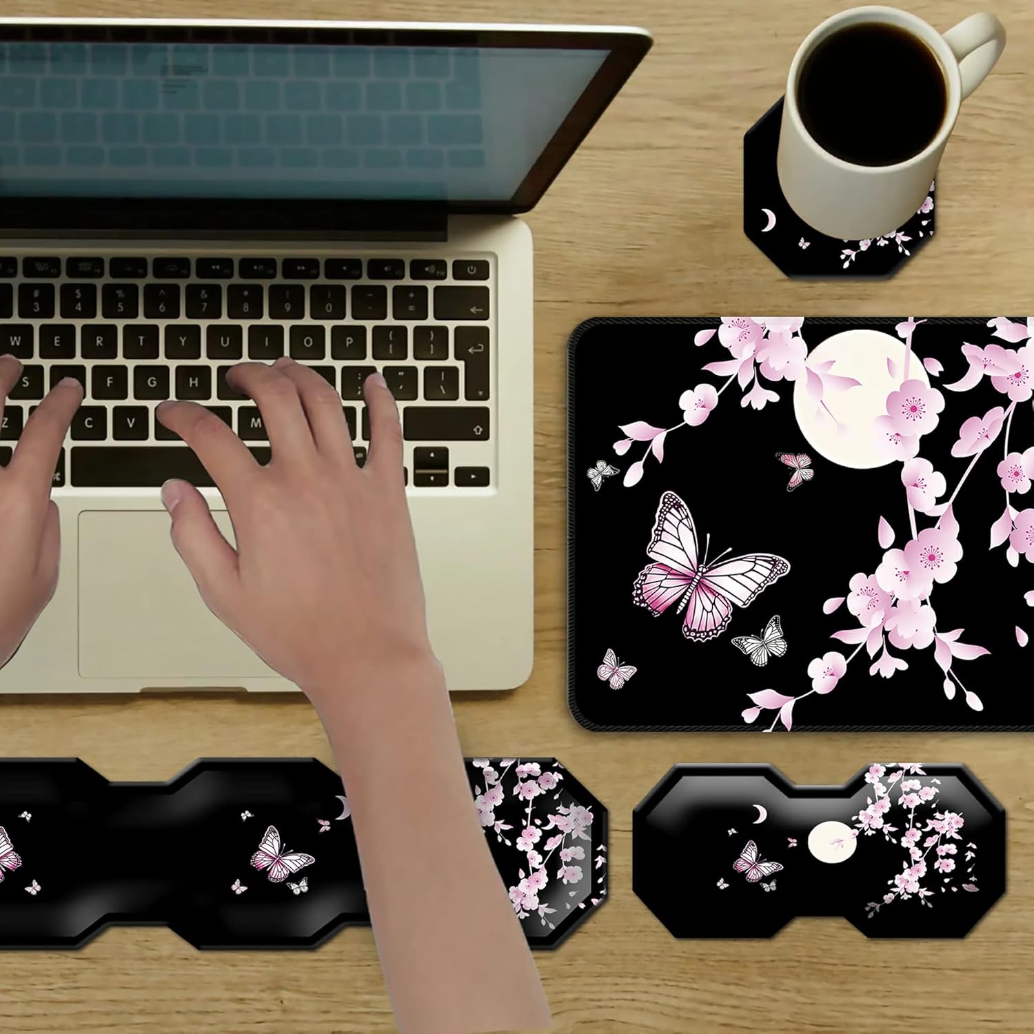 Mouse Pad with Stitched Edges+Keyboard Wrist Rest+Wrist Support+Coaster 4pcs Set Butterflies Cherry Blossom Theme, Easy Typing Pain Relief, Memory Foam Mouse pad Set for Computer Laptop Office Home