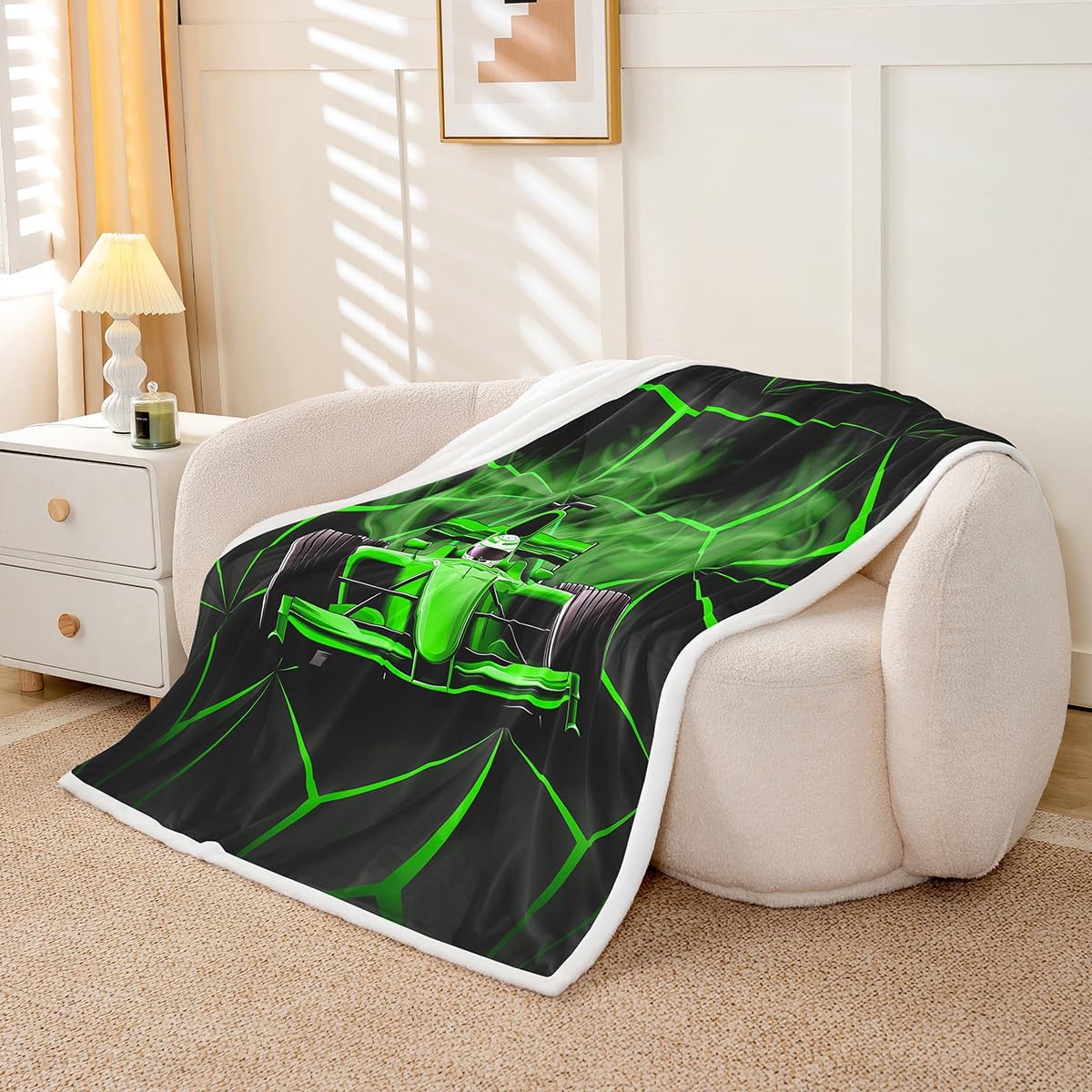 Race Car Fleece Throw Blanket Throw 50"x60" Boys Speed Sports Car Plush Sherpa Blanket Fuzzy for Kids Girls Teens Green Black for Bed Couch Chair Living Room Extreme Sports