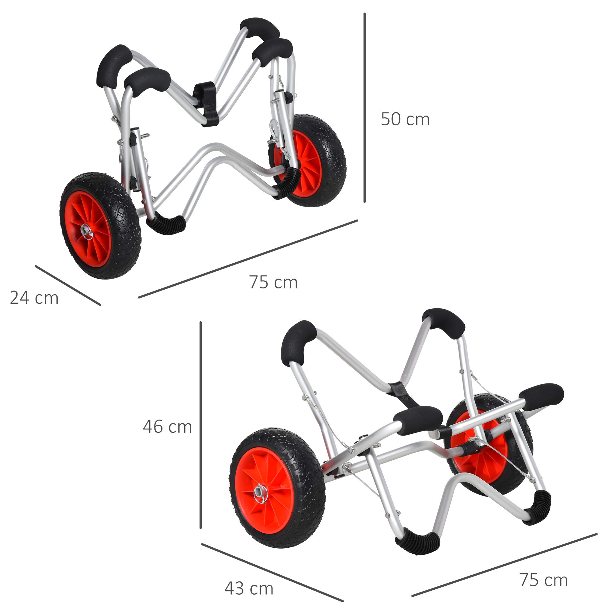HOMCOM Kajakwagen Alu Bootswagen Faltbare transportwagen Kunstleder-Reifen Silber 75 kg 75 x 43 x 46 cm