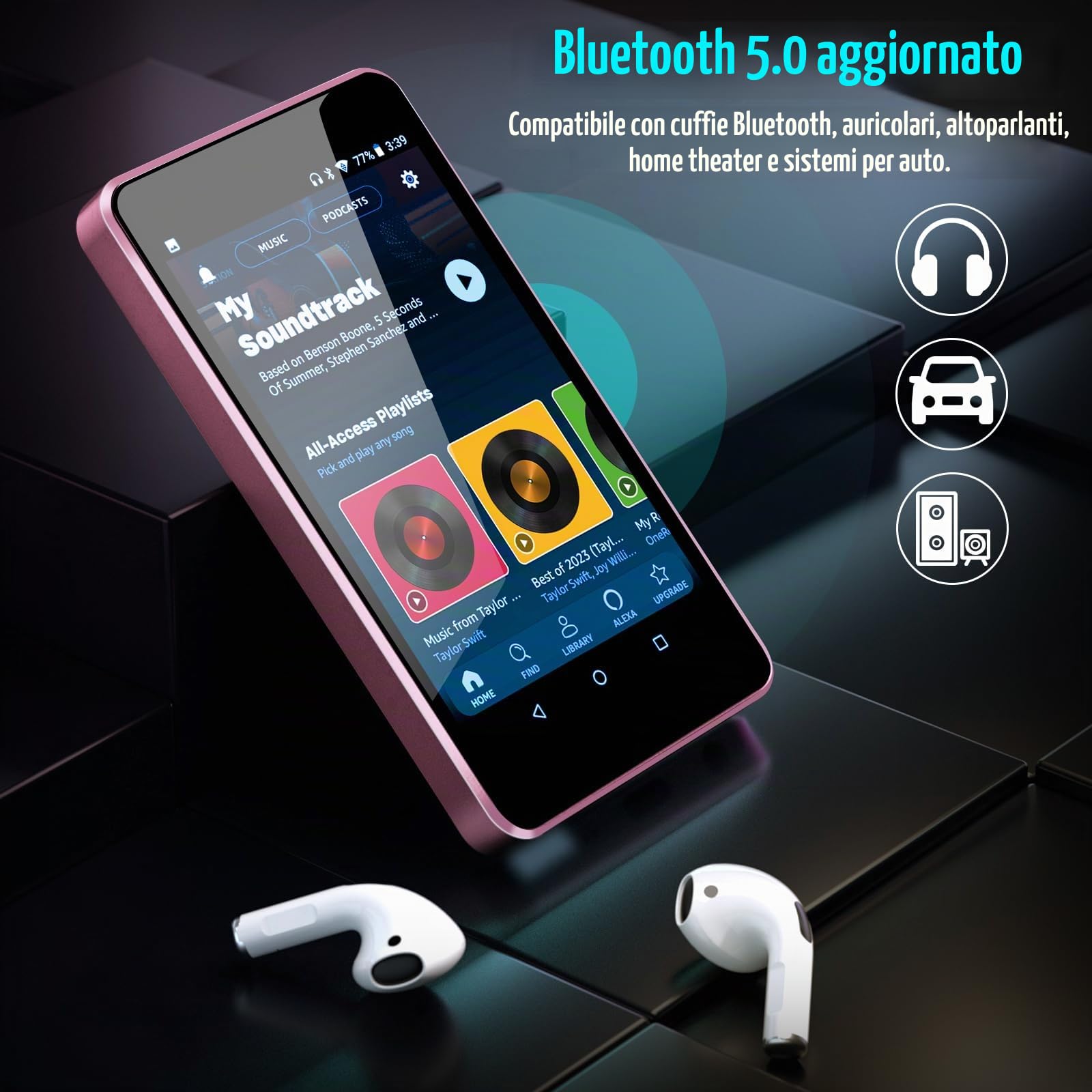 Lettore MP3 per bambini con Spotify, controlli parentali, Spotify Kids, Audible, Amazon Music, Libby, lettore musicale per bambini IPS da 4,0" fino a 512 GB (rosa chiaro)