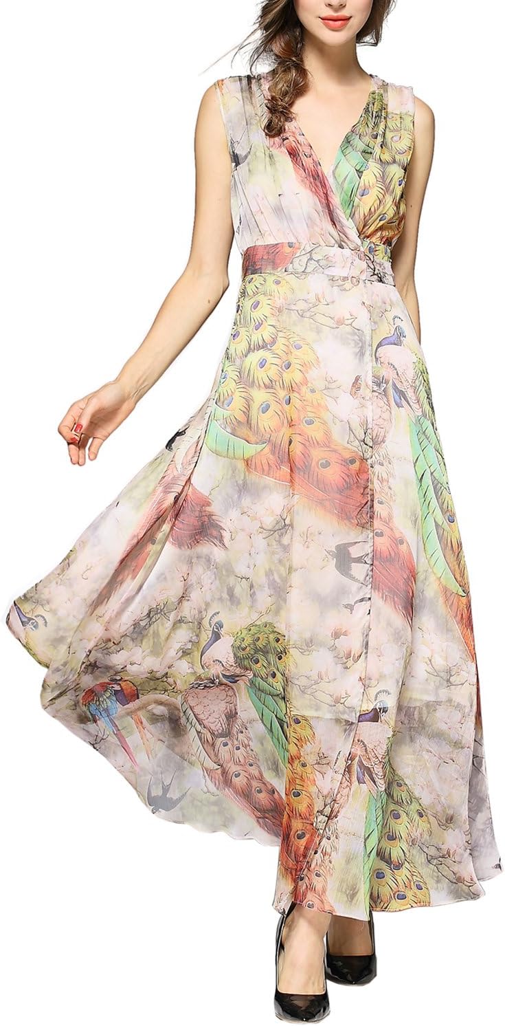 Womens Floral Peacock Evening Casual Split Loose Prom Party Maxi Dress Beige