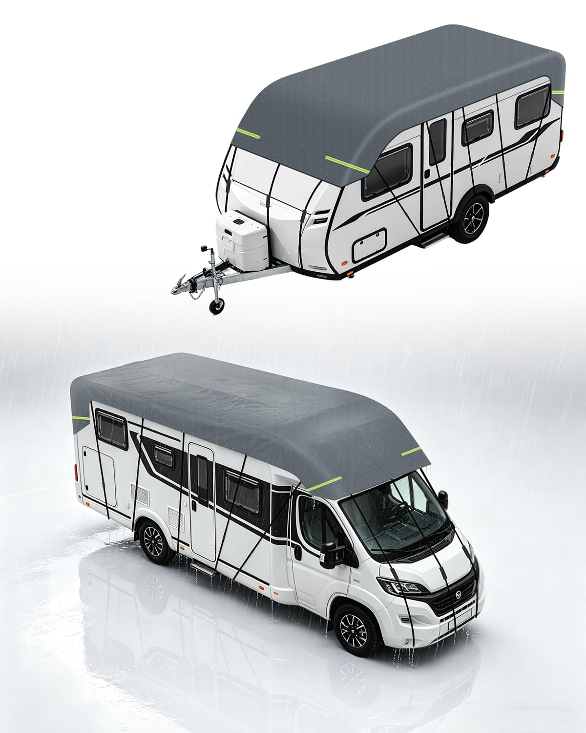 6,5x3m Funda para Autocaravana Funda para Techo de Caravana Impermeable 170g de Grosor Tejido No Tejido Universal para Verano Protección UV con Tiras Reflectantes