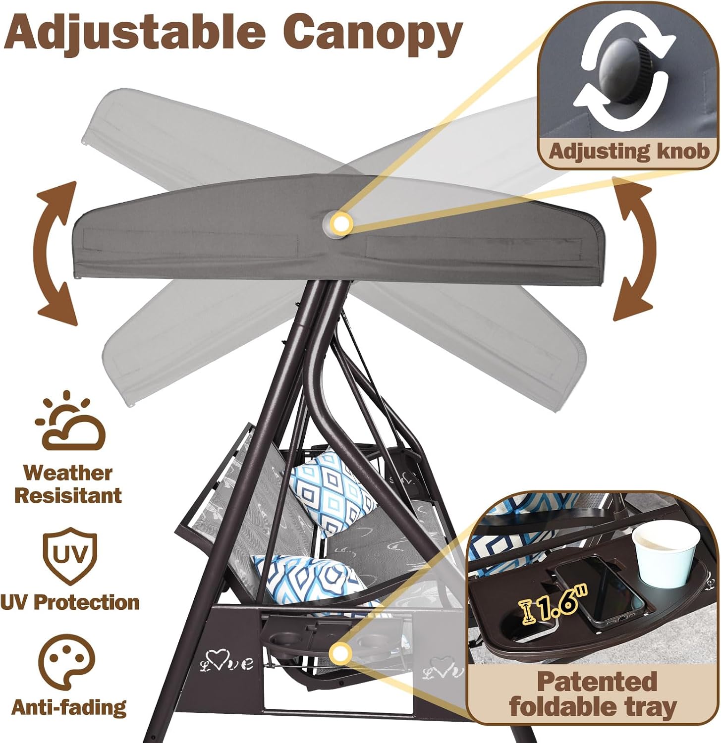 ZZW 3 Person Patio Swing Outdoor Swing for Adults with Adjustable Canopy &Upgraded Cup Holders Textilene Fabric Porch Swing Chair with Stand Heavy Duty 800 LBS