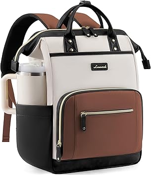 LOVEVOOK Laptop Backpack for Women with Giant Tumbler Holder,15.6 inch Professional Nurse Teacher Backpack Computer Laptop Bag,Cute Waterproof Travel Backpack Purse Work College Bag, Beige-Black-Brown