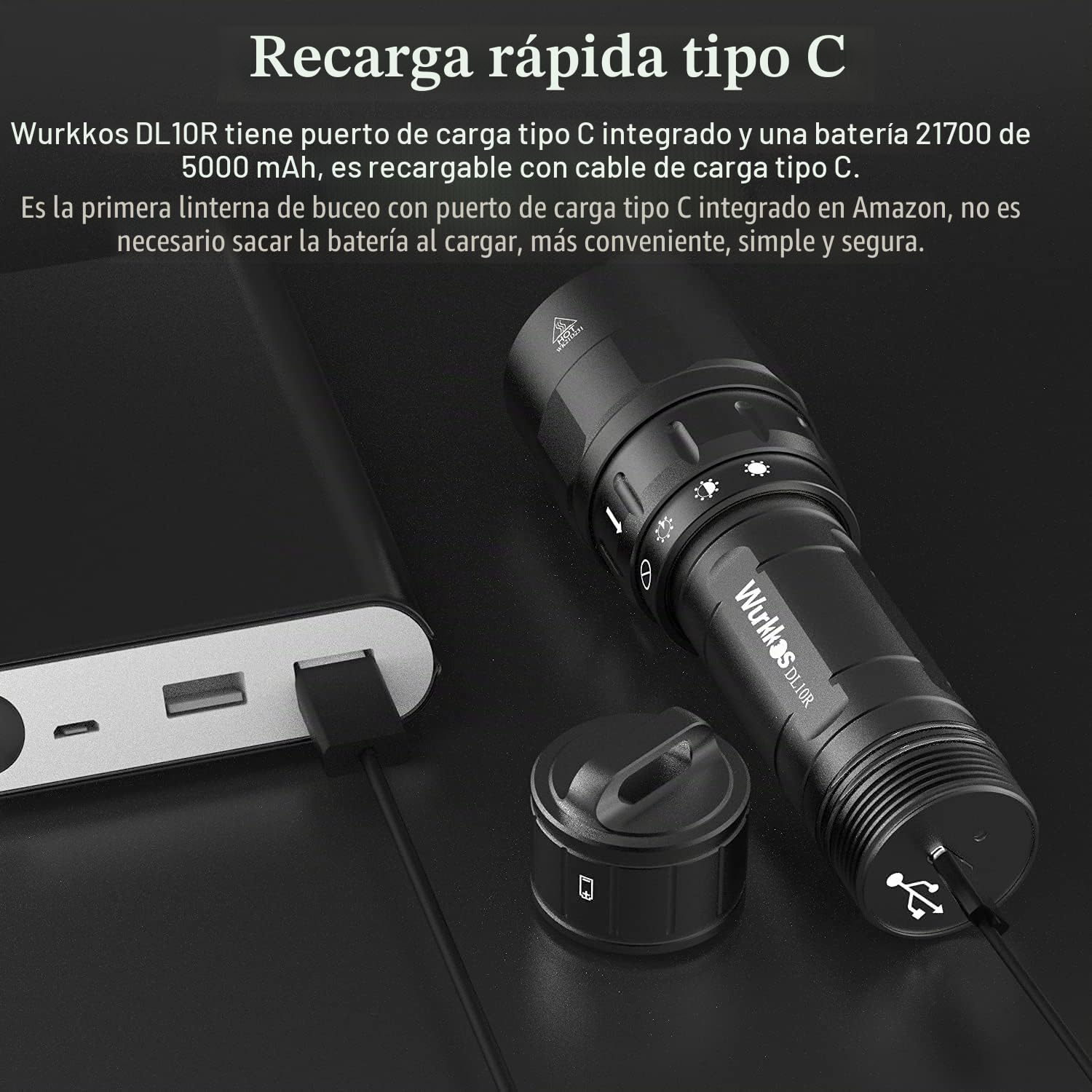Linterna de buceo Wurkkos DL10R, 4500 lúmenes, recargable por USB C incorporado, LED XHP70.2, luz subacuática recargable IPX8 con fuente de alimentación de 5000 mAh