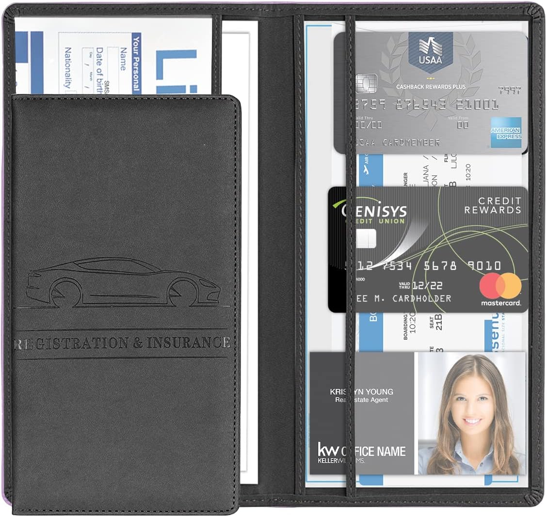 8sanlione Car Registration and Insurance Card Holder, PU Glove Box Essential Documents Paperwork Driver License Organizer for Car, Wallet Case Auto Vehicle Truck Accessories for Women and Men (Black)