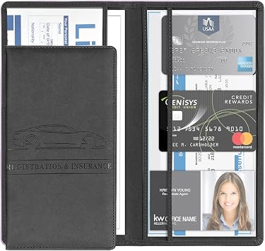 8sanlione Car Registration and Insurance Card Holder, PU Glove Box Essential Documents Paperwork Driver License Organizer for Car, Wallet Case Auto Vehicle Truck Accessories for Women and Men Black