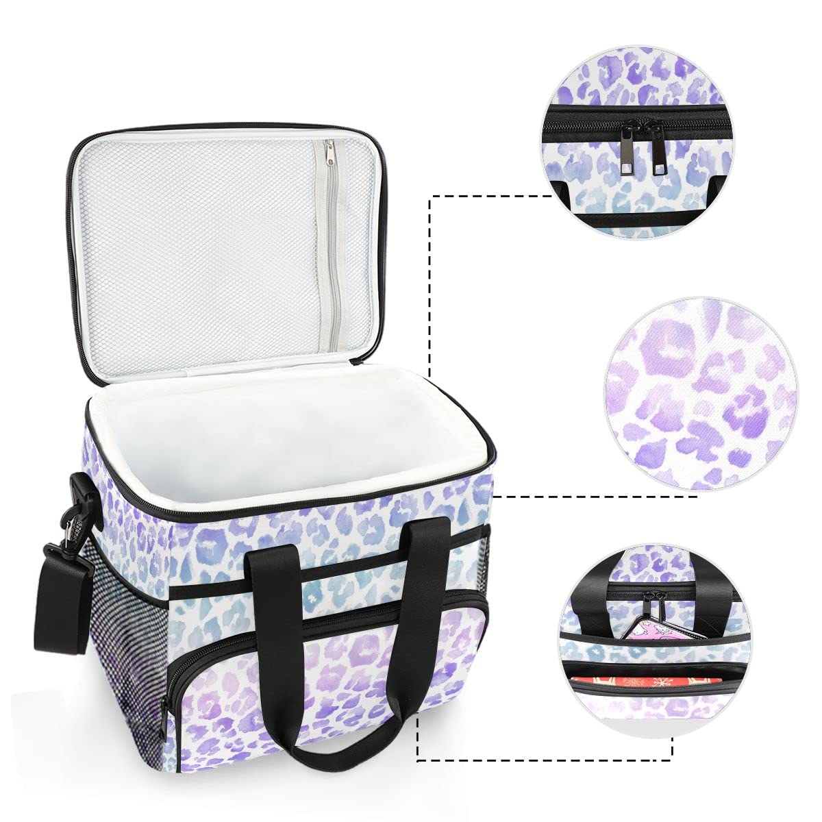 Bolsa de picnic de 15 L, 24 latas, bolsa de almuerzo aislada con teñido anudado morado leopardo para viajes, camping, barbacoa, actividades al aire libre, asas, correa para el hombro