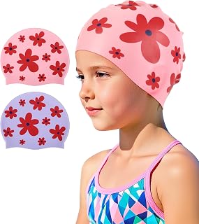 Kids Swim Cap 2 Pack,Silicone Swim Cap for Kids Ages 3-15 | Durable Waterproof Swimming Caps for Girls Boys Toddler,Comfortable Fit for Long Hair Short Hair,for Swimming Lessons Pool