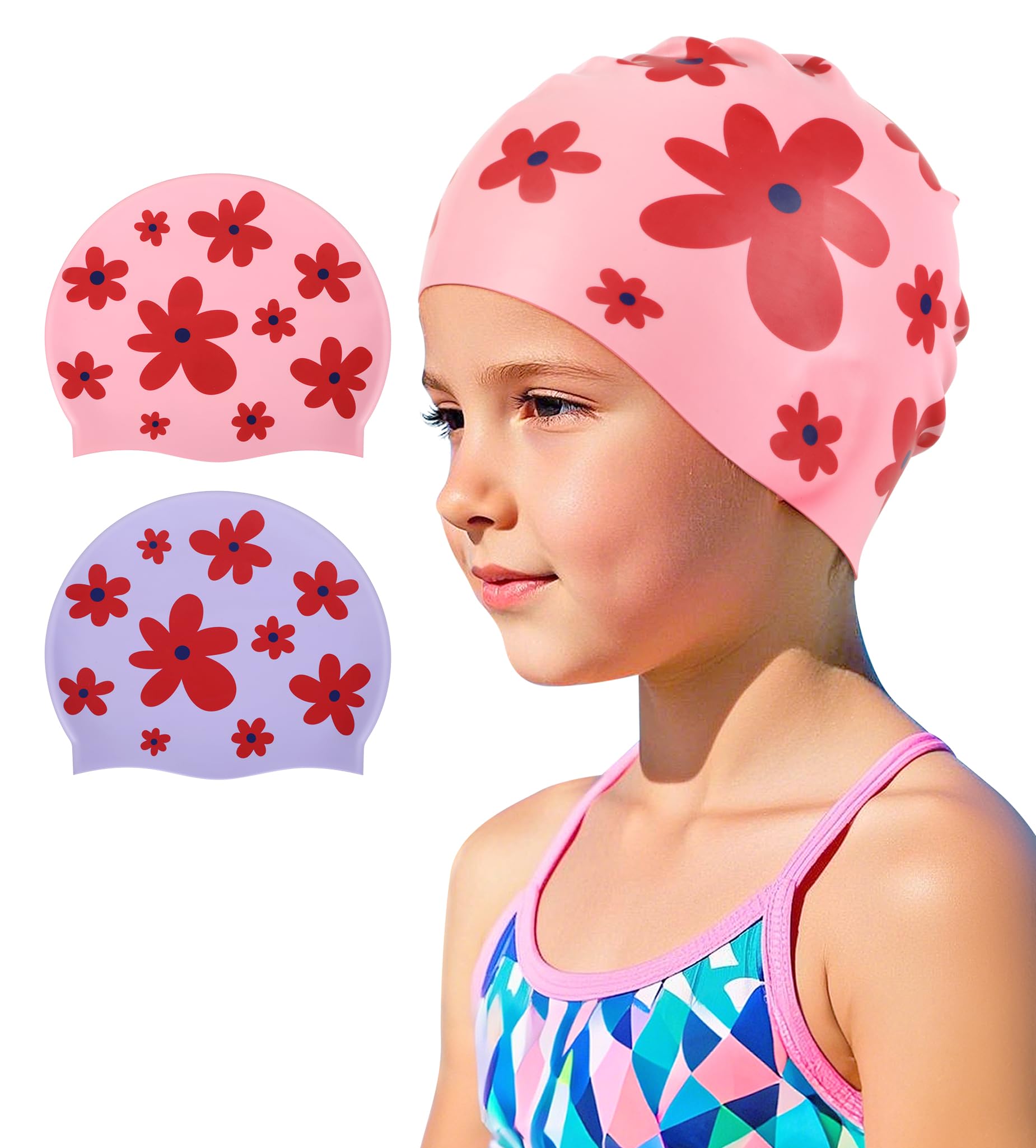 Kids Swim Cap 2 Pack,Silicone Swim Cap for Kids Ages 3-15