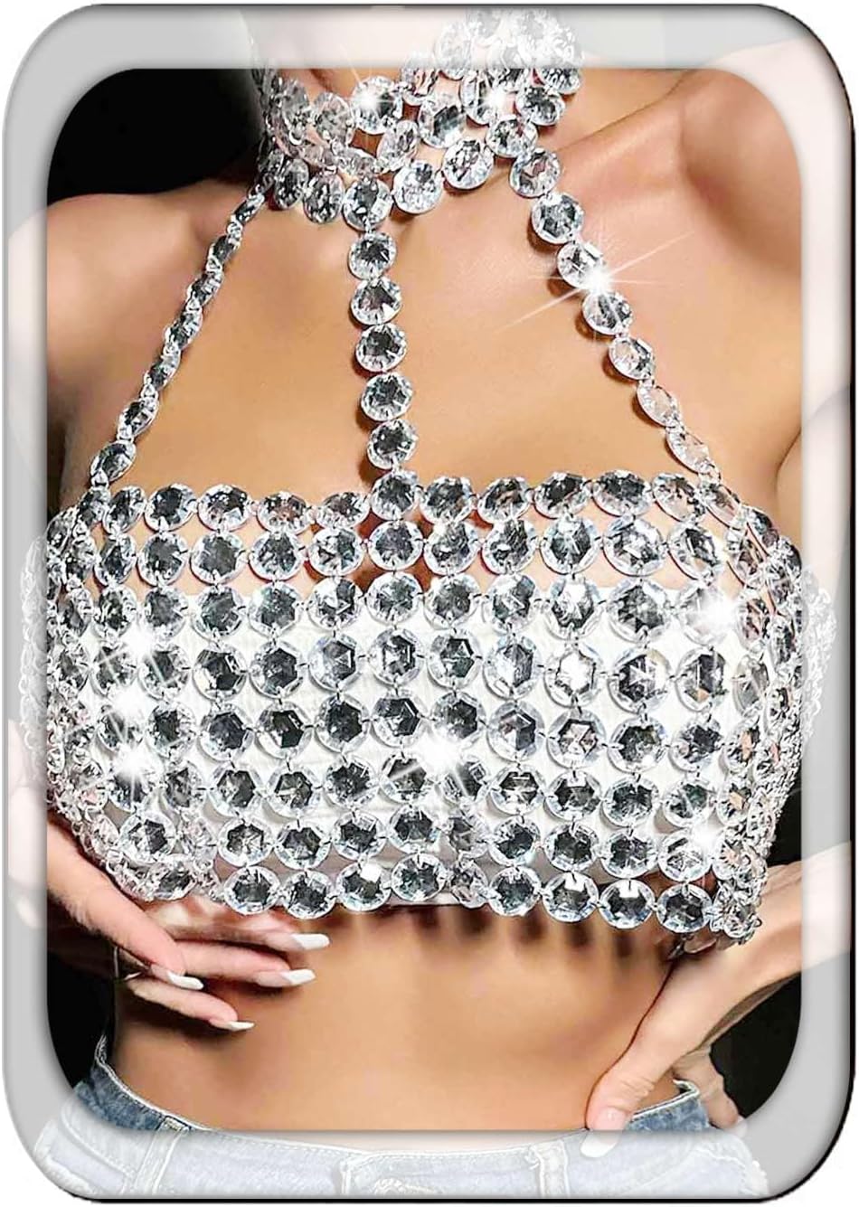 Aukmla Crystal Bra Chain Top Silver Rhinestones Halter Chest Chains Beach Bikini Tops Body Jewelry for Women