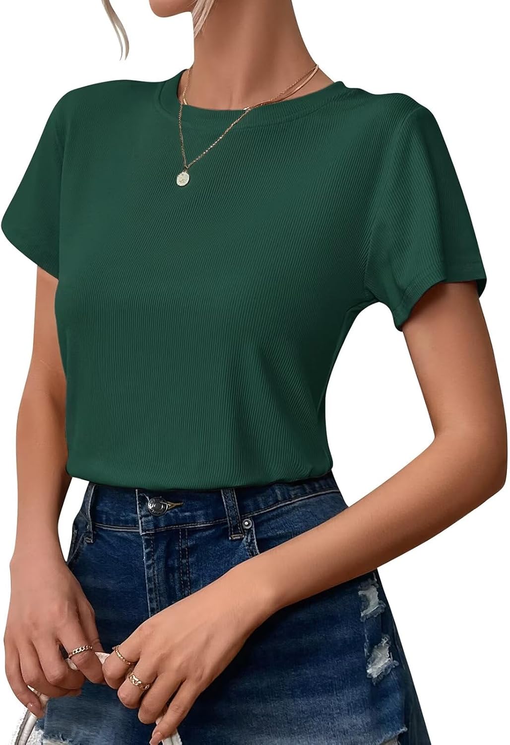 Womens Short Sleeve T Shirts Crewneck Slim Tshirt Ribbed Basic Tees Summer Tops