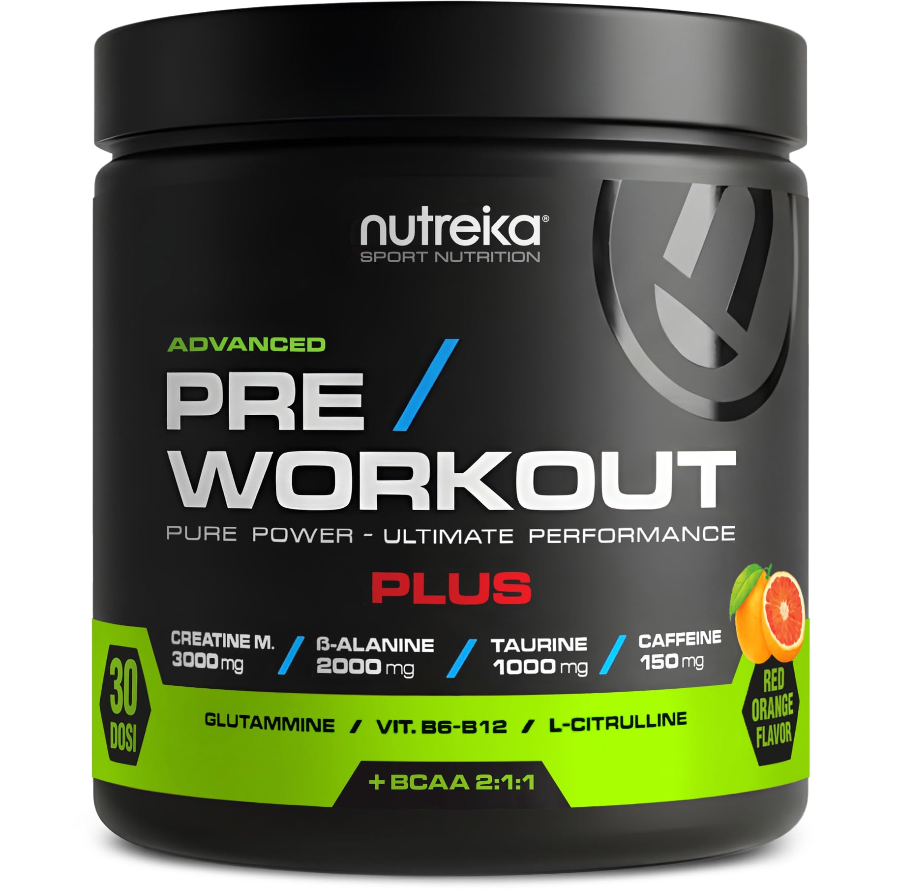 Nutreika Pre Workout Potente + Creatina Monoidrata Pura - 30 Dosi | Preworkout Forte in Polvere Concentrata 300g - Energia, Forza, Focus per Palestra, Clean Formula Made in Italy