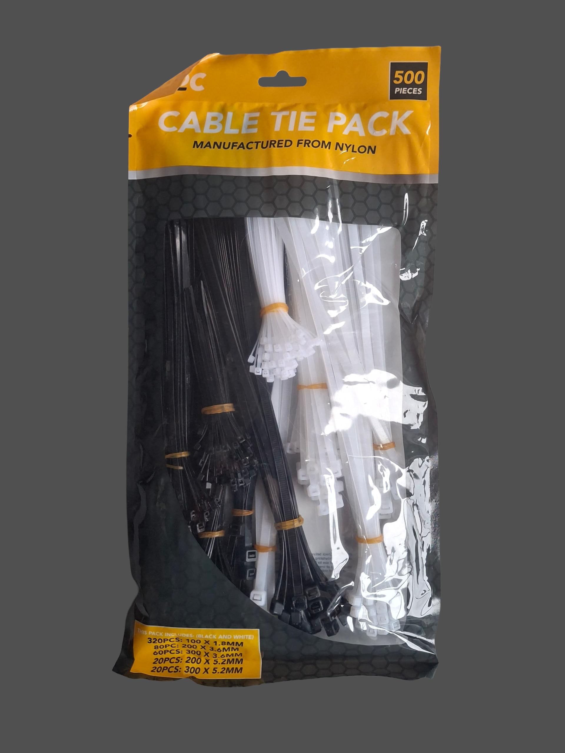 Cable Tie Set 500PK Black and White Nylon, 320pcs 100 x 1.8mm 80pcs 200 x 3.6mm 60pcs 300 x 3.6mm 20pcs 200 x 5.2mm 20pcs 300 x 5.2mm