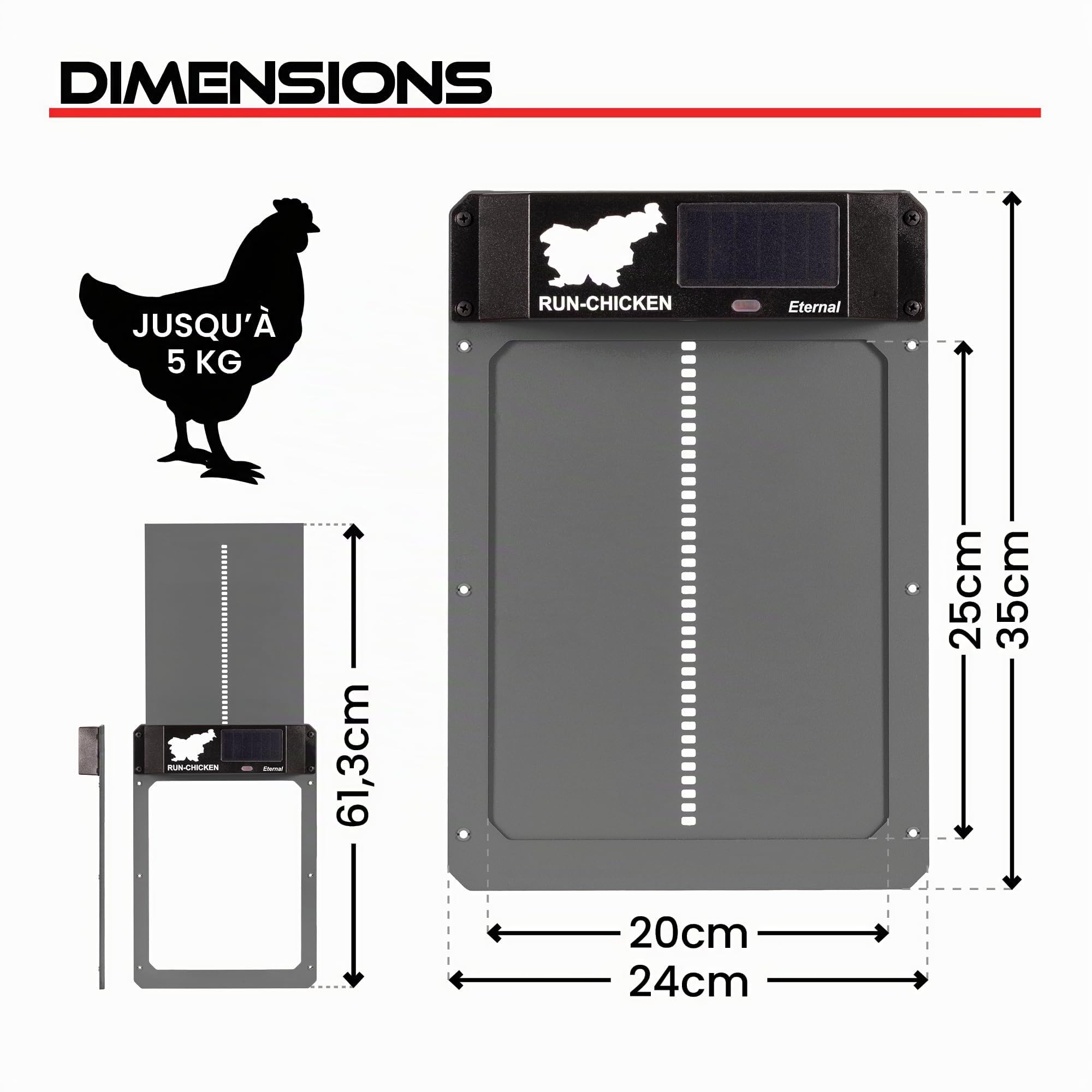 Run-Chicken Porte (Gris) Poulailler Automatique à énergie Solaire, Fonctionne avec Piles, ouvre-Porte électrique programmable avec minuteur, capteur de lumière, modèle Eternal