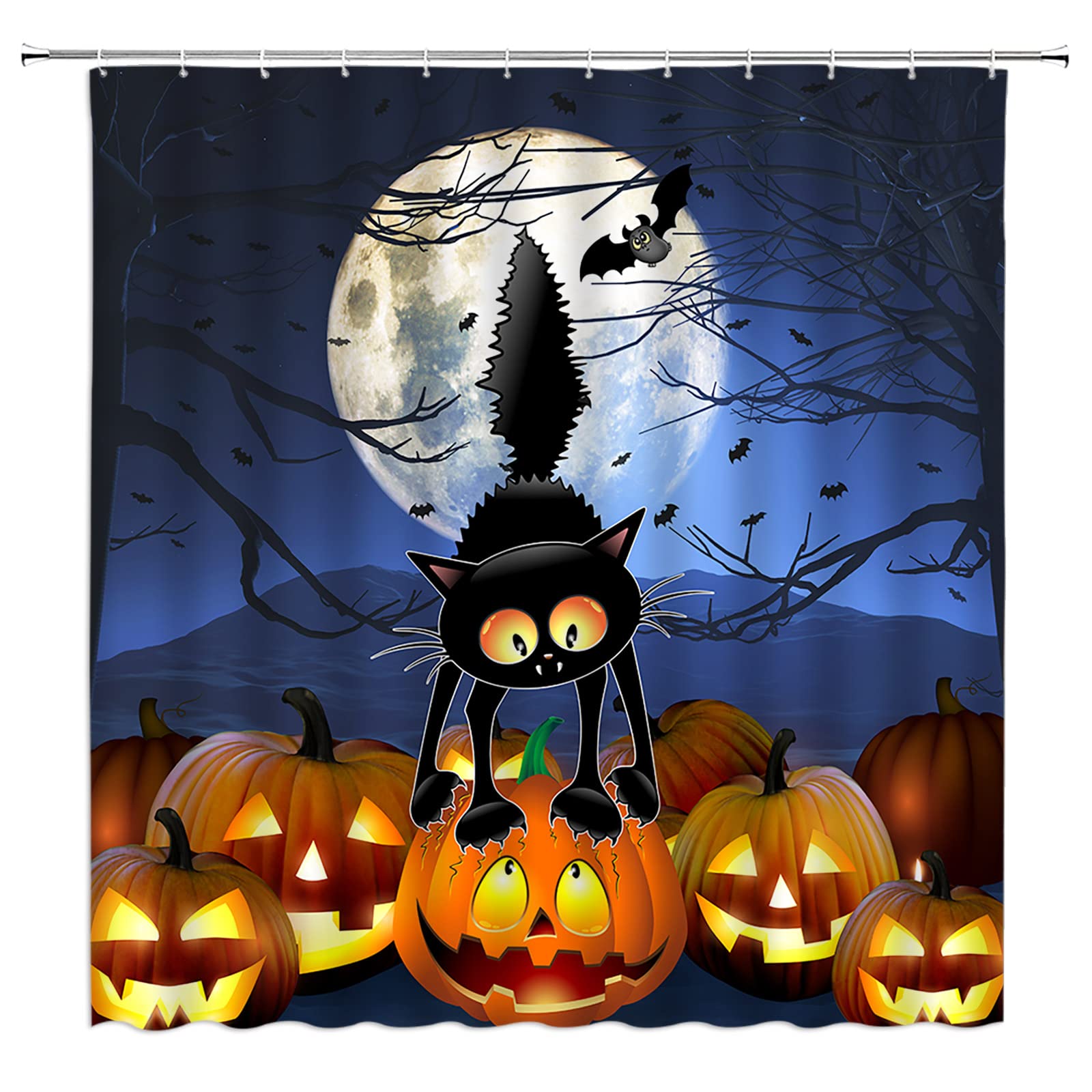 Halloween-Duschvorhang – Schwarze Katze, Totbaum, Vollmond, 178x178 Cm, Polyester, Gruselig
