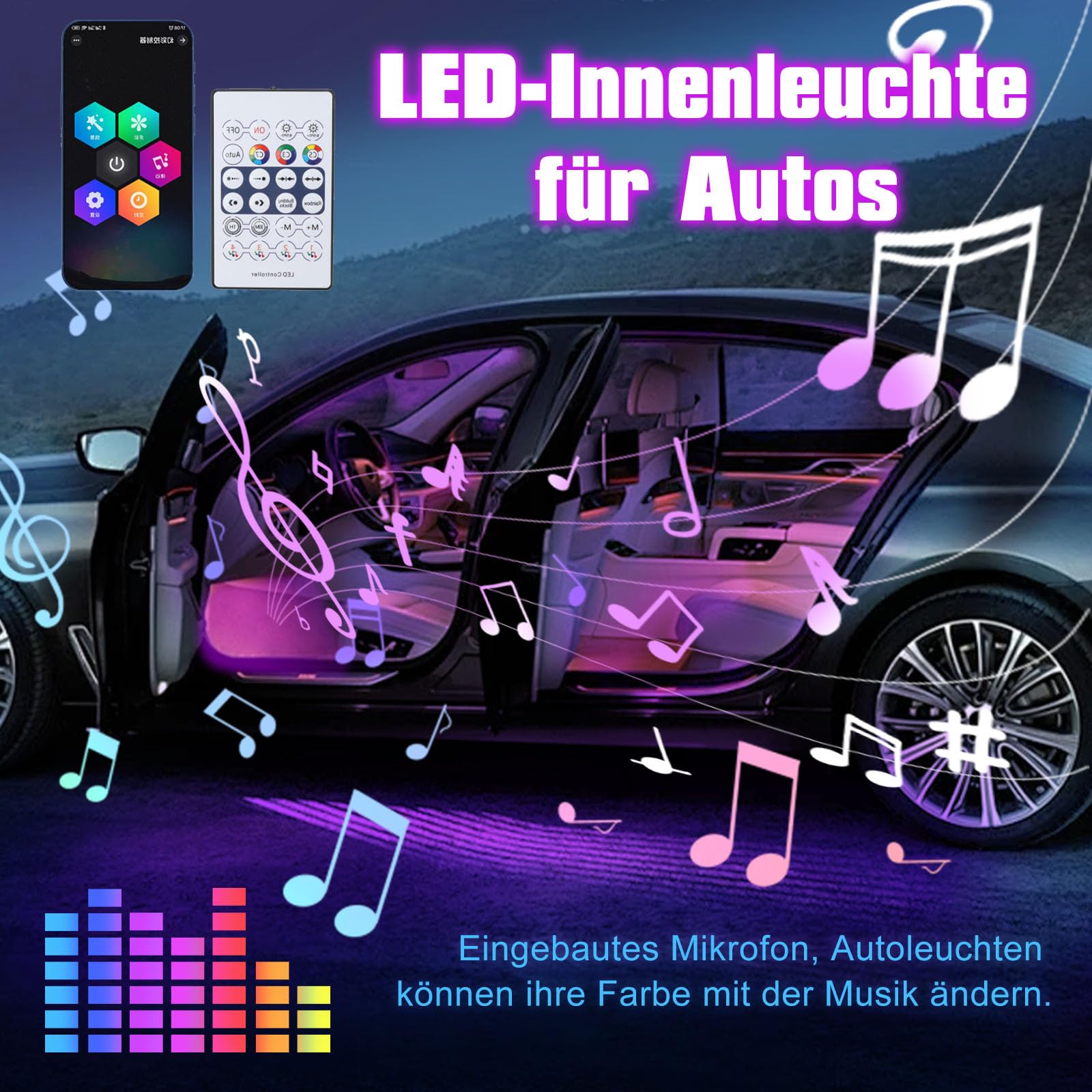 Oświetlenie wewnętrzne LED do samochodu, 6/10 w 1, RGB, akrylowa taśma z aplikacją i pilotem zdalnego sterowania, neonowe listwy świetlne, wielokolorowa, migająca zmiana kolorów z muzyką (bez światła