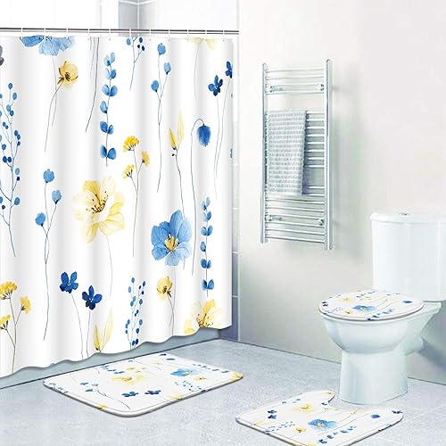 Miniatura 6 de ArtSocket Juego de baño floral azul amarillo con cortina de ducha, alfombra y accesorios, juego de cortina de ducha de hojas de flores de primavera,