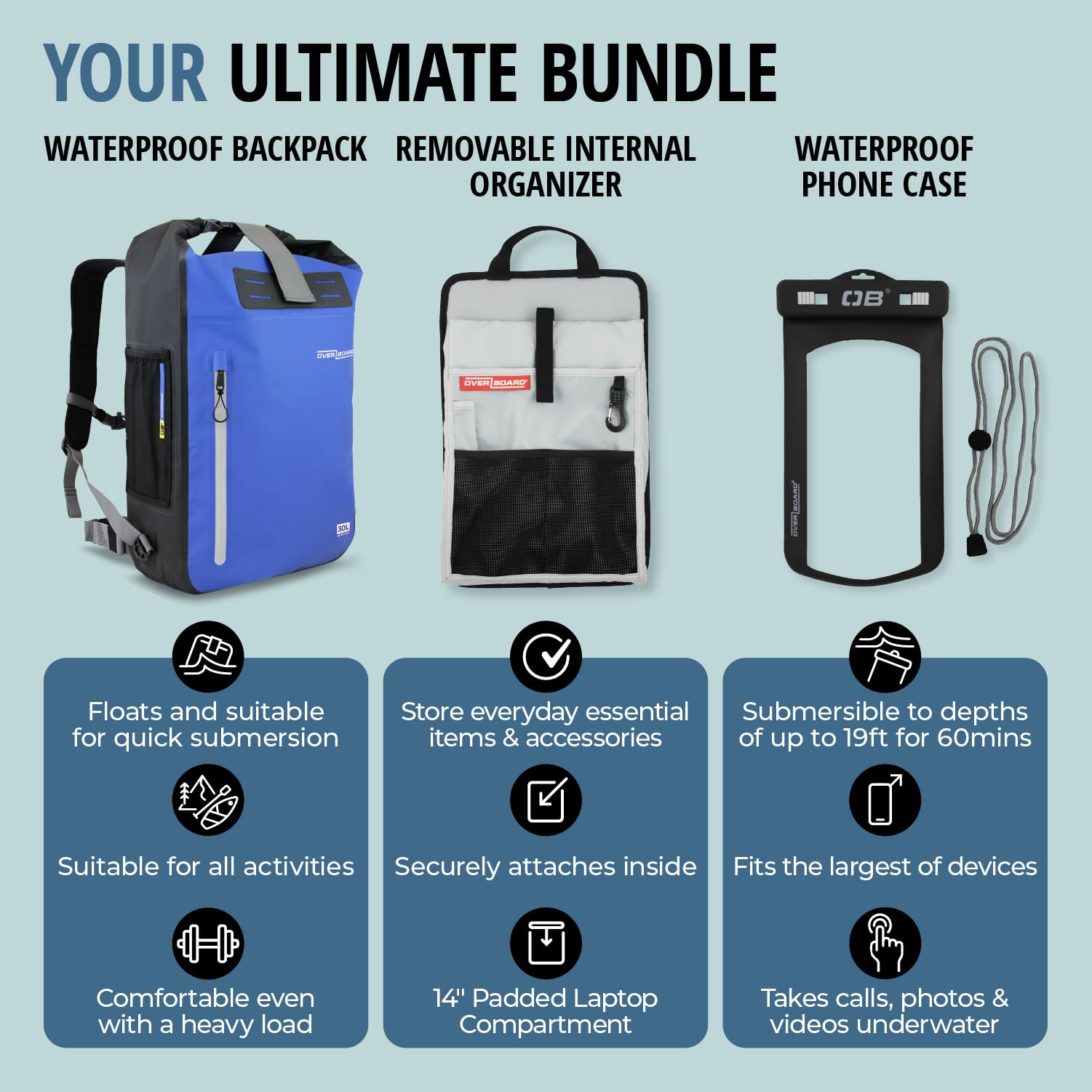 Overboard Mochila impermeable azul de 45 litros | Bolsa seca flotante enrollable para kayak, playa, canotaje, senderismo, pesca, rafting | Incluye funda impermeable para teléfono y organizador de