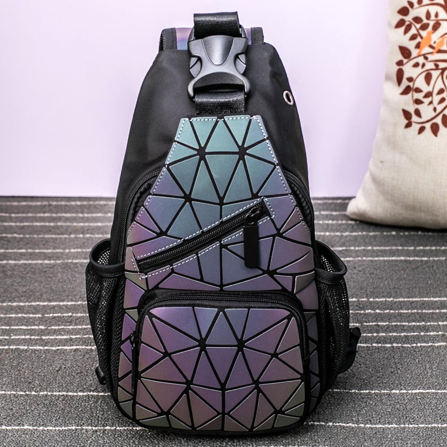 PYFK Geometric Backpack Luminous Holographic Purse Color Changes Flash Reflective Bag For Cycling Fashion Sling Bag for Women(Prism) - Image 7