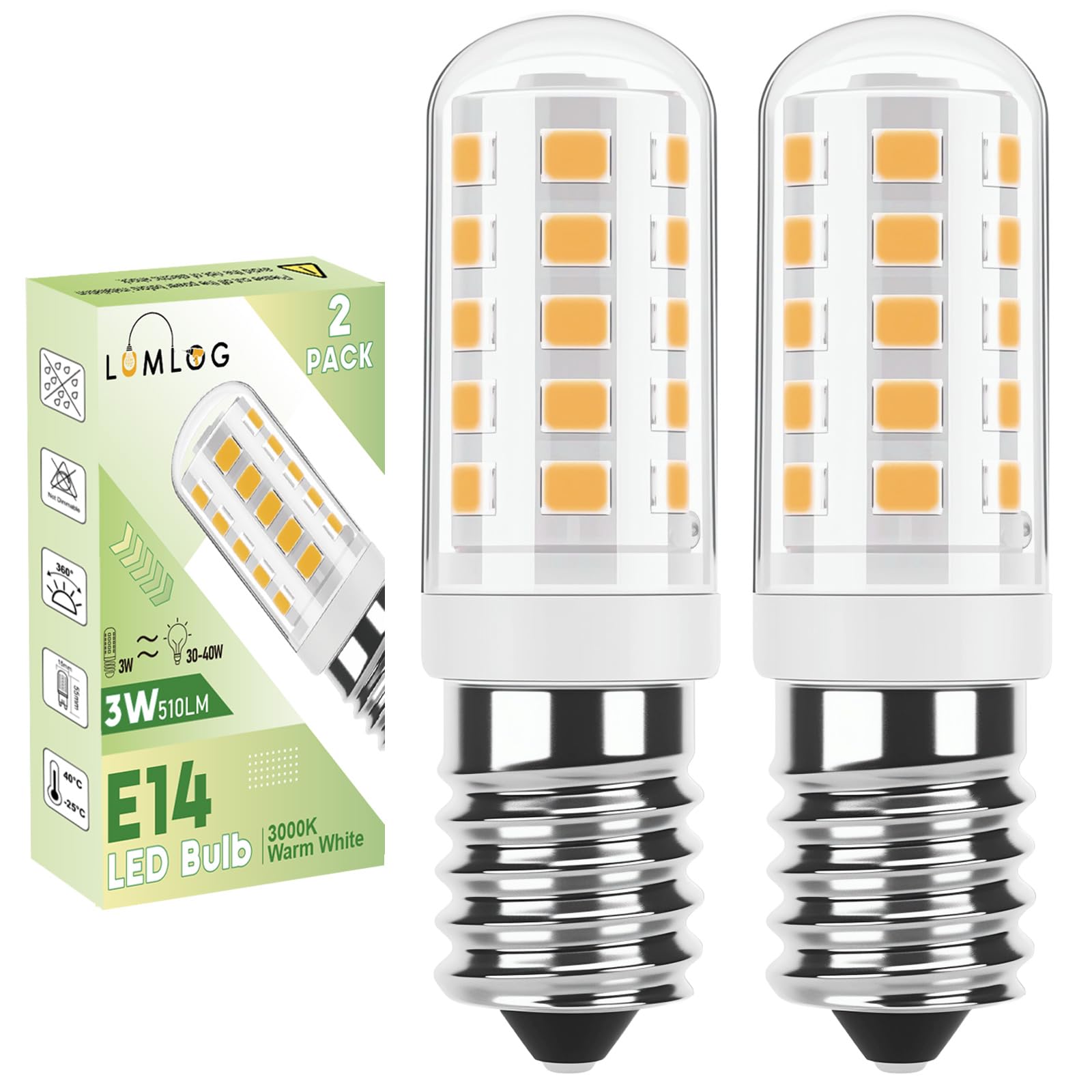 Lumlog E14 Led Light Bulbs Warm White, 3W 510Lm 3000K Cooker Hood Bulb, Equivalent to 30-40W Halogen, 220-240V No Flicker Non-Dimmable Energy Saving, for Home Lighting 2-Pack [Energy Class C]