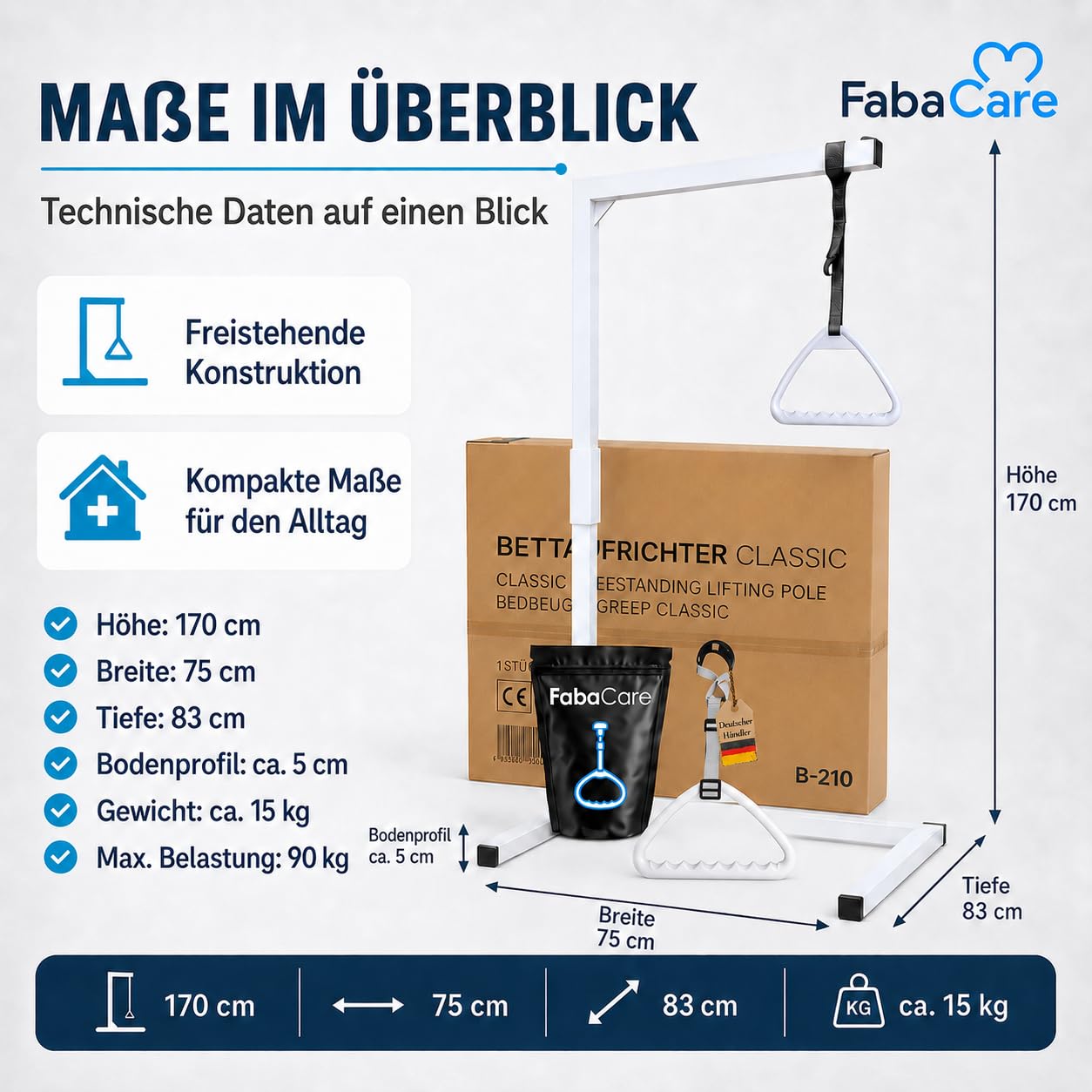 FabaCare Bettgalgen freistehend bis 130 kg Körpergewicht Zwei Griffen, Zusatzgriff | mobiler Galgen für normales Bett | Aufrichthilfe, Bettgriff, Bettaufrichter mit Trapezgriff