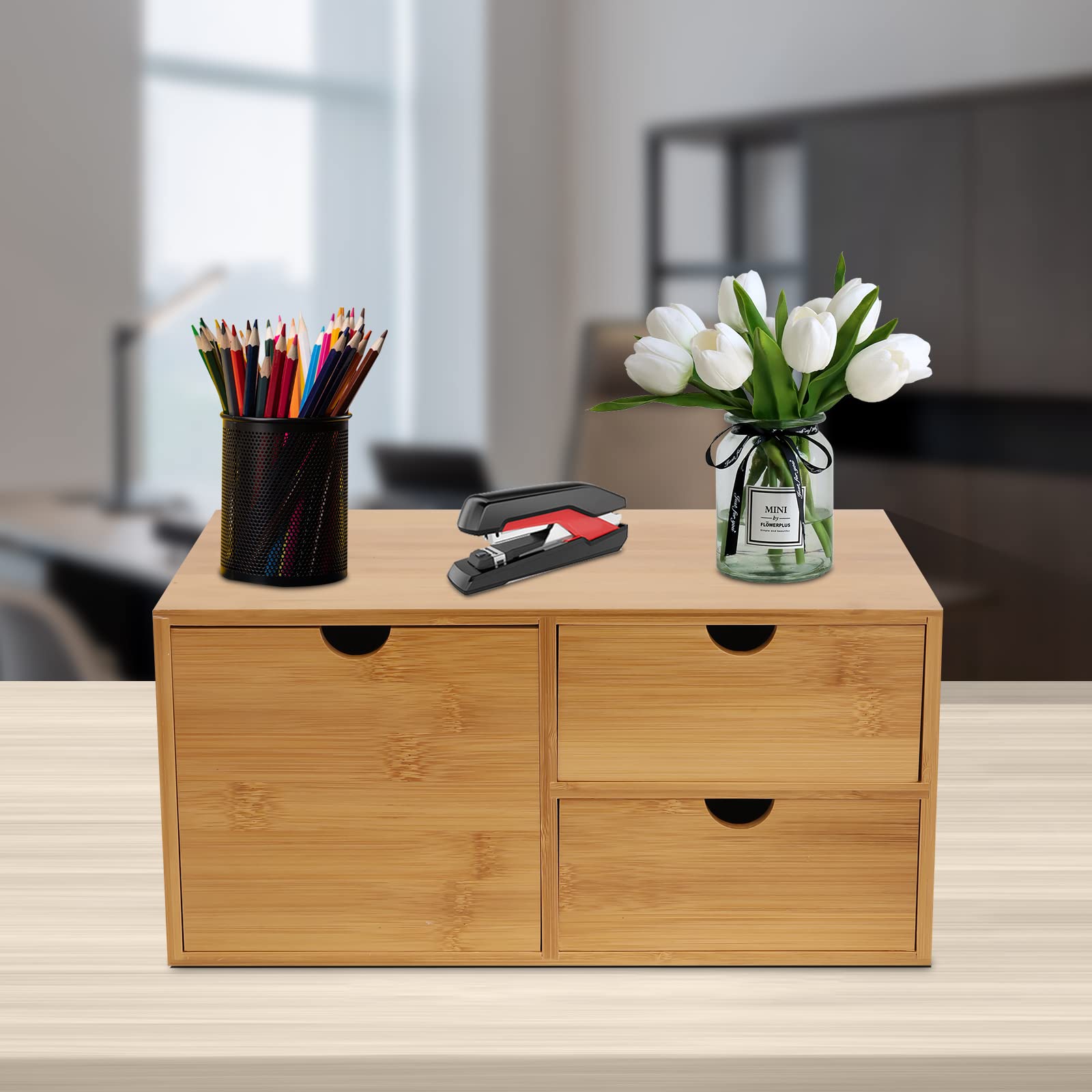 Organizador de Literatura de Escritorio con cajones de bambú, Caja organizadora de Almacenamiento de Mesa con manijas empotradas y Parte Superior Plana para artículos de tocador de