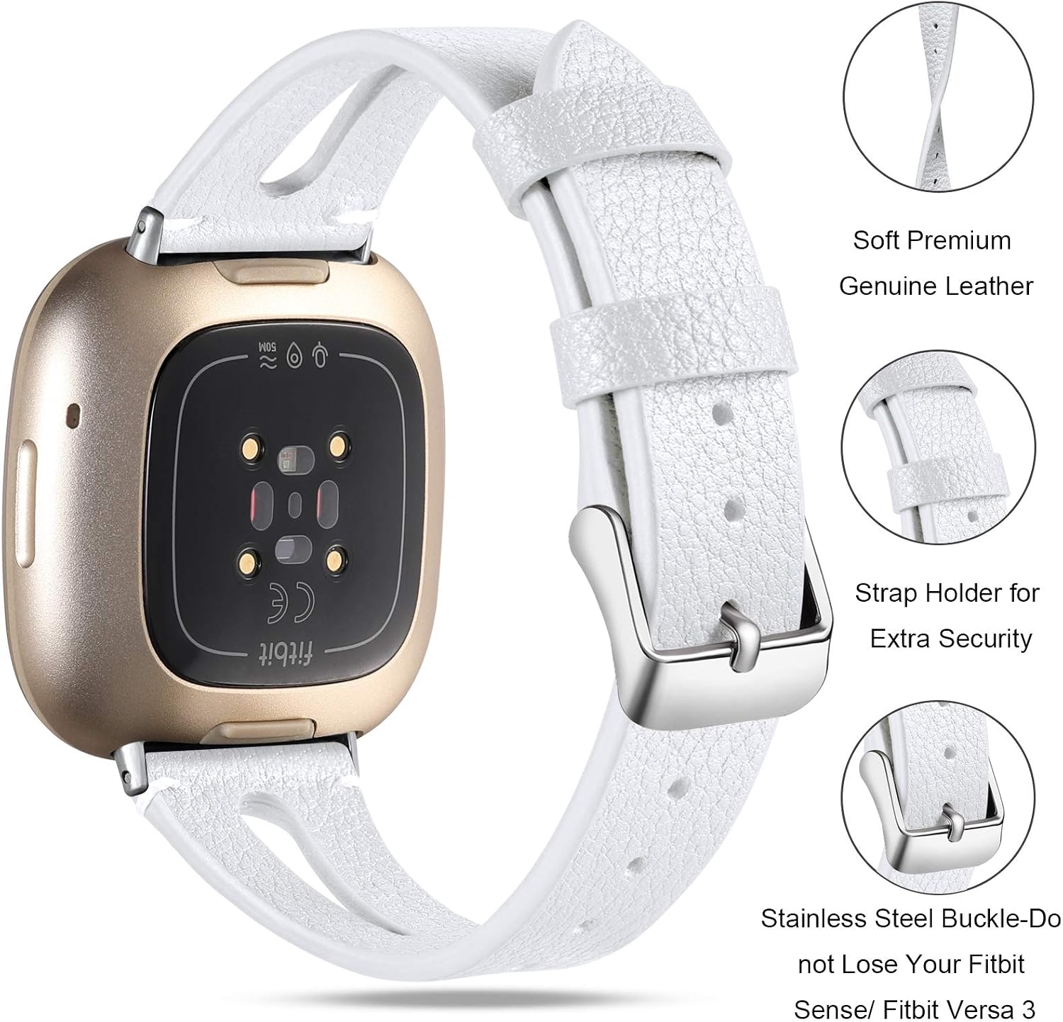 Maledan Compatible with Fitbit Sense and Versa 3 Bands Women Men, Top Grain Leather Band Replacement Wristband Strap for Sense & Versa 3 Smart Watch, White