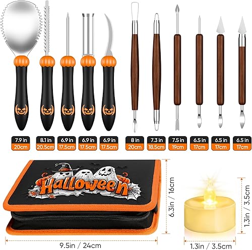 Miniatura 5 de Kit de tallado de calabaza de 31 piezas: herramientas de tallado de calabaza, kit de tallado de calabaza de Halloween con plantillas, velas, estuche