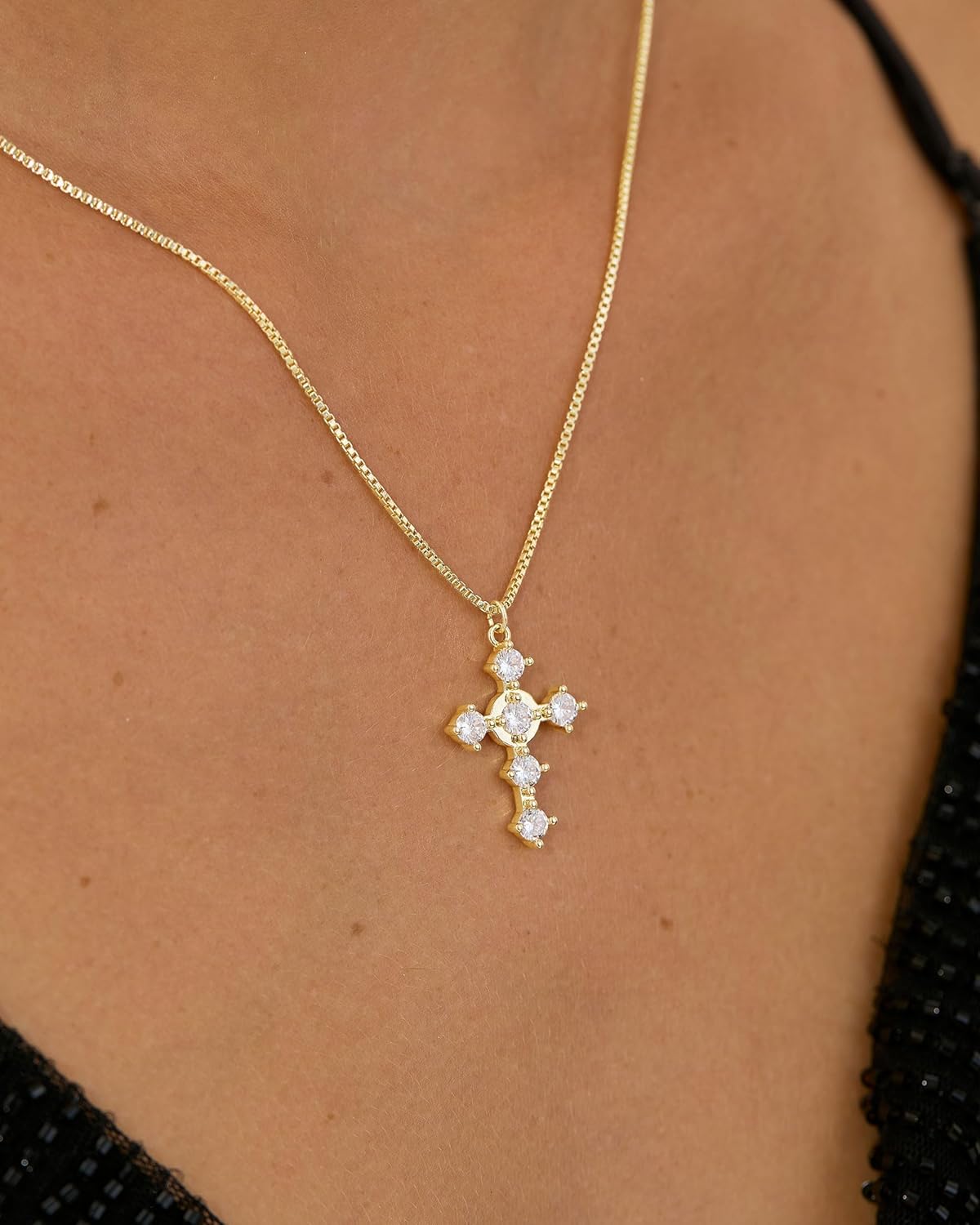 Cross Necklace for Women - 14K Gold Plated/Silver Dainty Box Chain with Diamond Cross Necklace Jewelry Gift for Her - Image 2