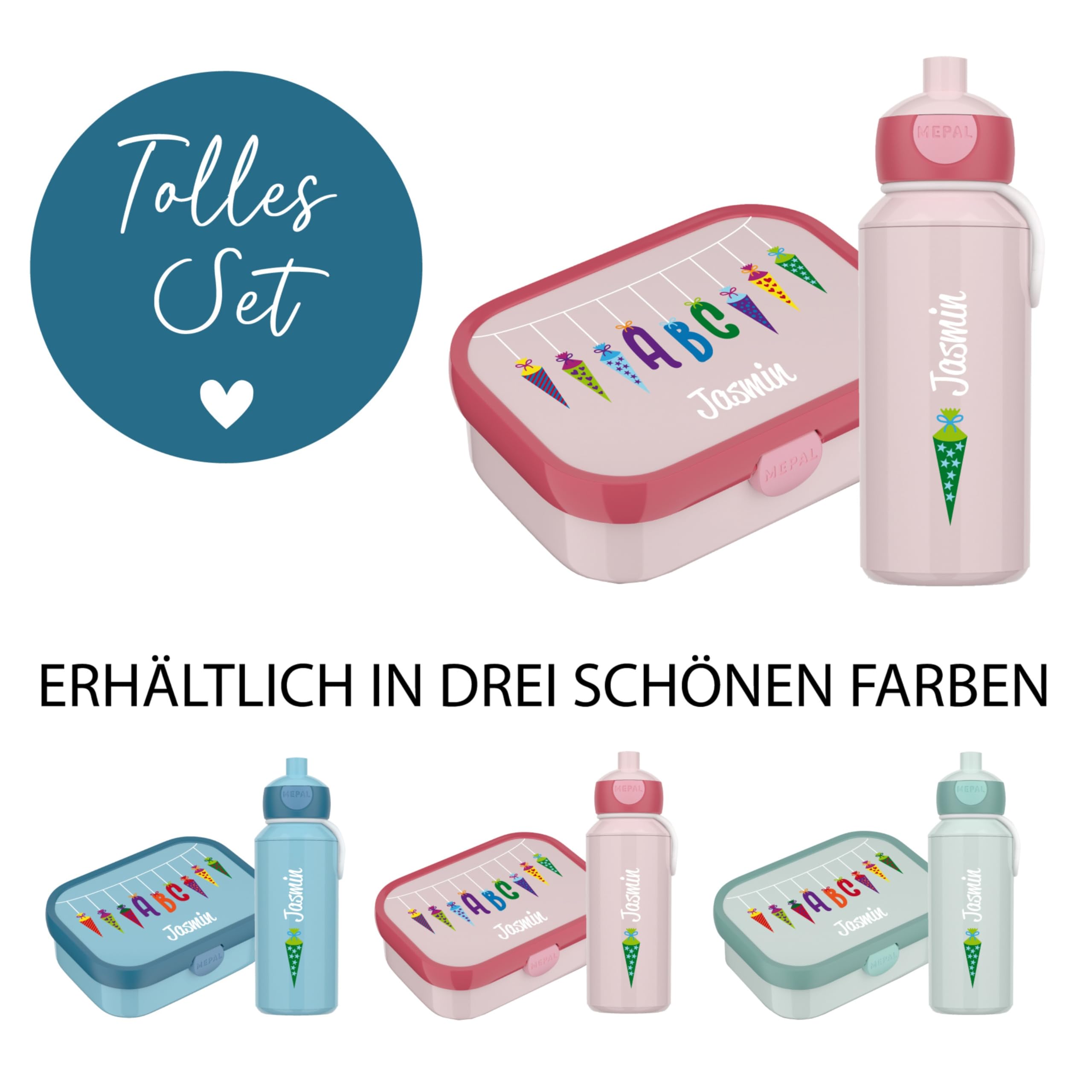 4youDesign Mepal Bento Box und Trinkflasche Set personalisiert Schultüte kursiv – Geschenk für Kinder Weihnachten, Nikolaus, Geburtstag - Auslaufsicher – Brotdose 750 ml, 400 ml Flasche (Cool Pink)