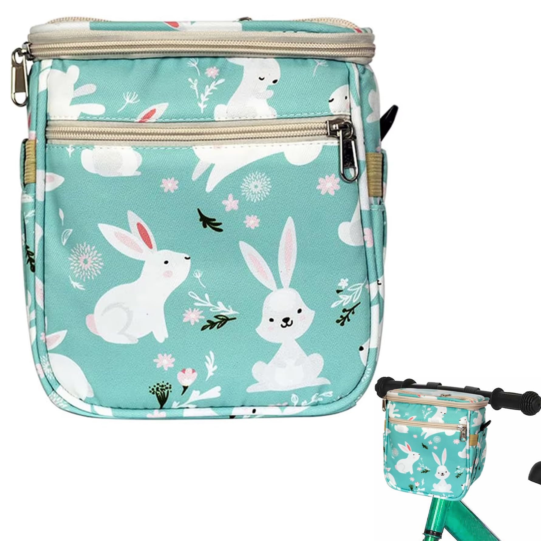 Grtheenumb Kids Bike Basket, Cute Cartoon Bunny Front Bike Basket, Front Frame Handlebar Bag 8x4.7x7 Nylon Baskets for Balance, Tricycle, Scooter