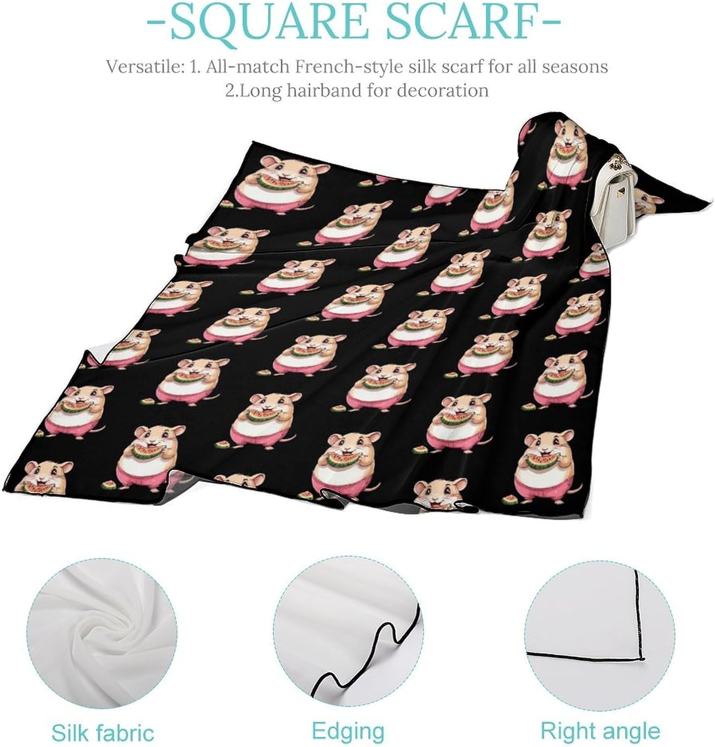 Hamster Eating Watermelon Silk-Like Square Scarf for Women Vintage Printed Neck Scarf Bandanas Hair Scarves
