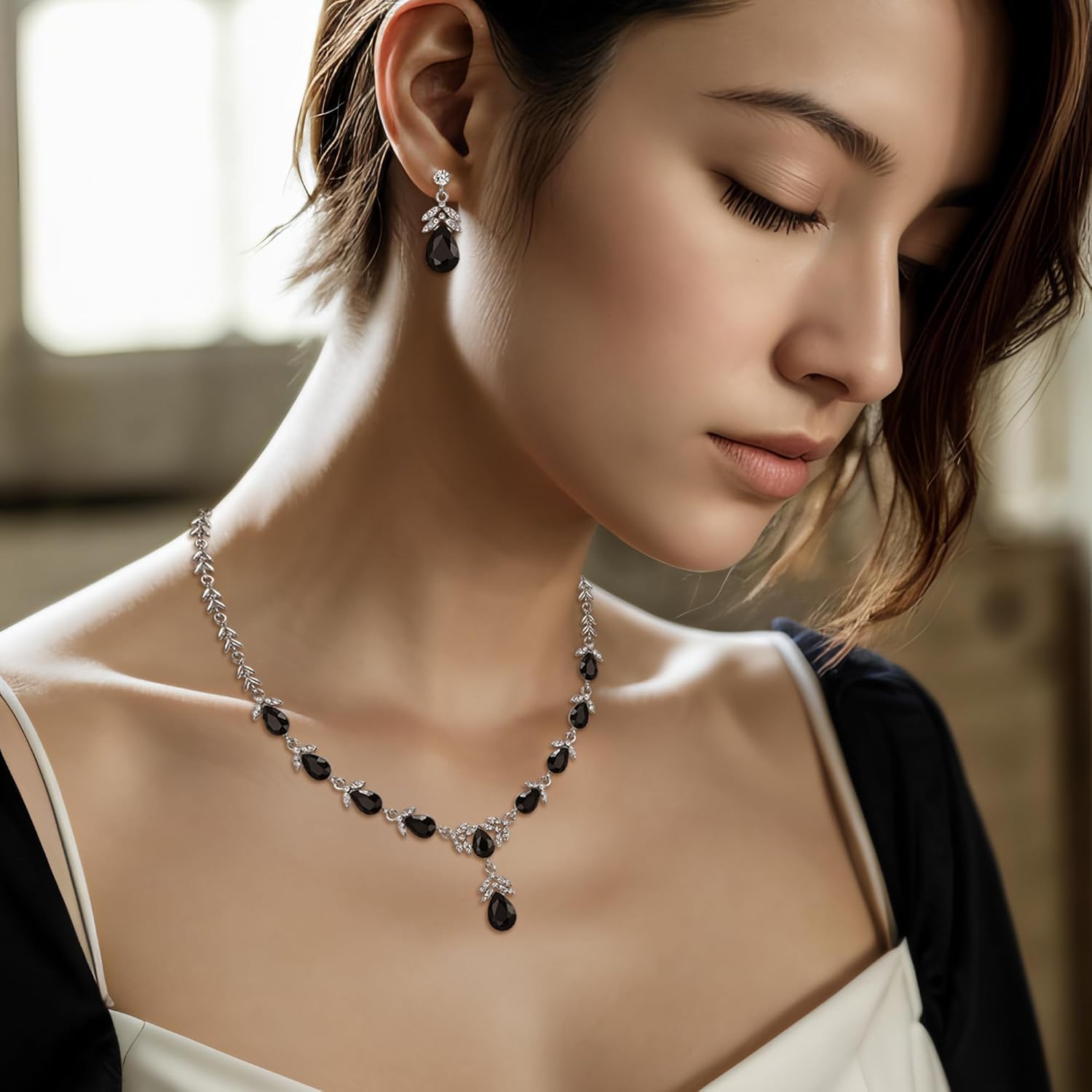 Crysdue Elegance Leaf Wedding Jewelry Set for Women Bridal Bridemaid, Austrian Crystal Teardrop Necklace Dangle Earrings for Prom Party - Image 4