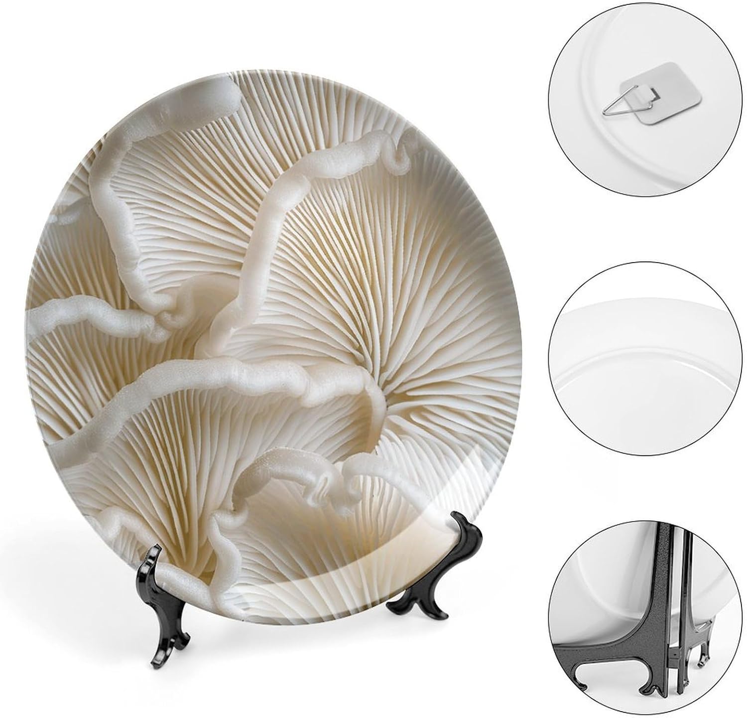 White Oyster Mushrooms Ceramic Decorative Plate for Office Decor, Chinese Style Decorative Dish with Stand, Dinner Dish Decorative Plates for Wall Hanging Bone Collections Plates 10inch