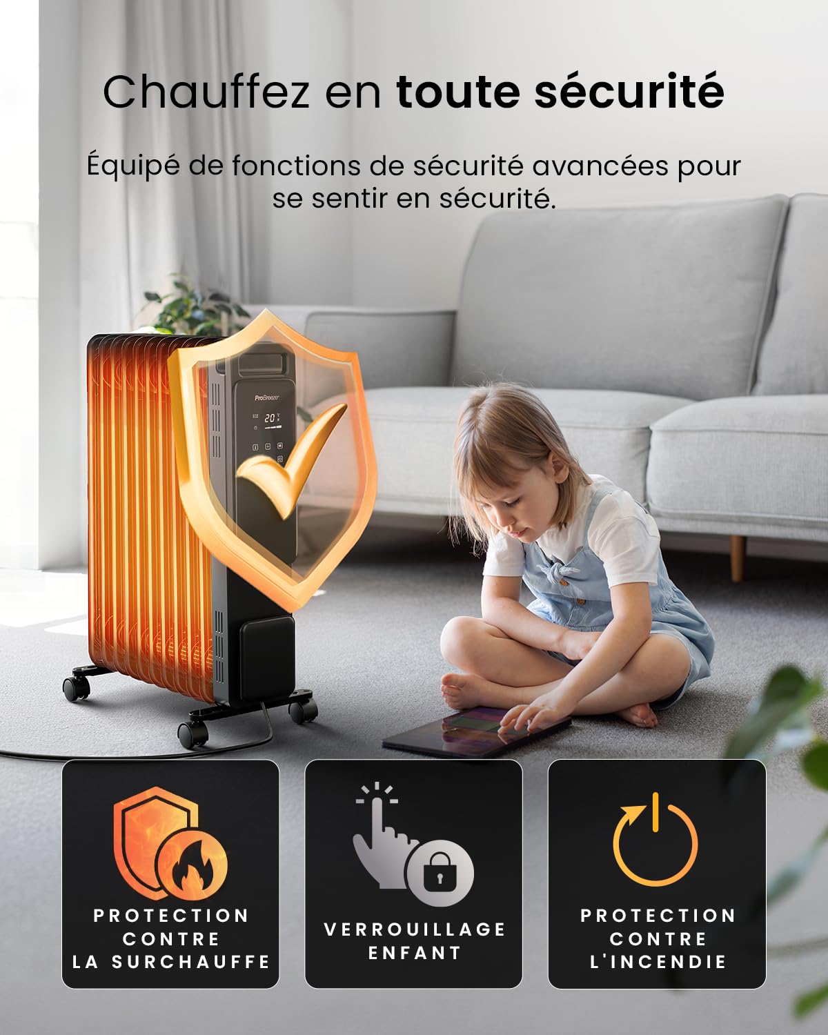 Pro Breeze OmniWarm Radiateur Bain d'Huile 2500W, 11 éléments - Chauffage Électrique - Écran Digital, Mode Éco, 3 Niveaux de Chauffage, Thermostat Réglable, Sécurité Anti-basculement & Minuteur 24H