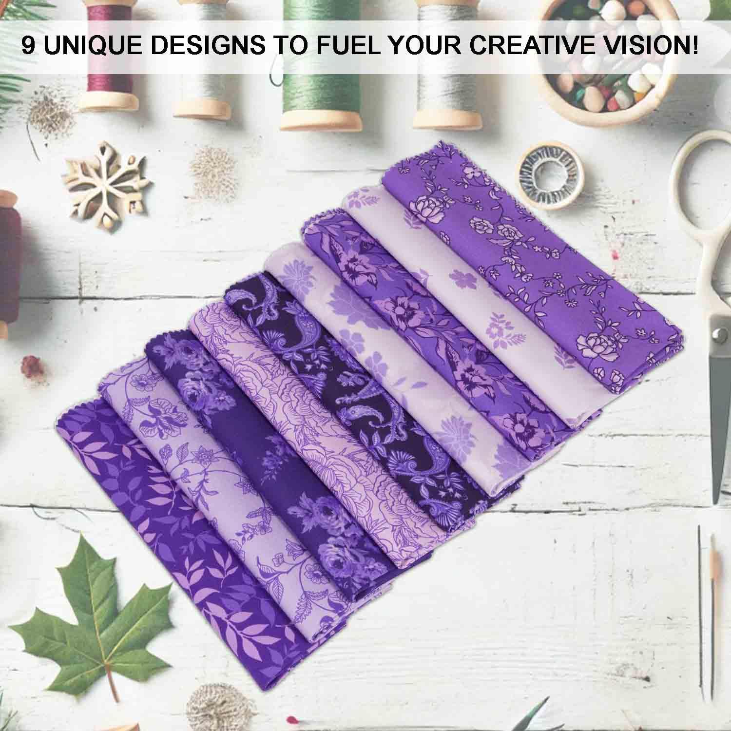 9Pcs 100% Cotton Bundles, Printed Fabric Fat Quarter for Quilting, 18" x 22" DIY Fabric Supplies Quilting Patchwork, Sewing Project, DIY Crafts - Purple Paisley Blooms