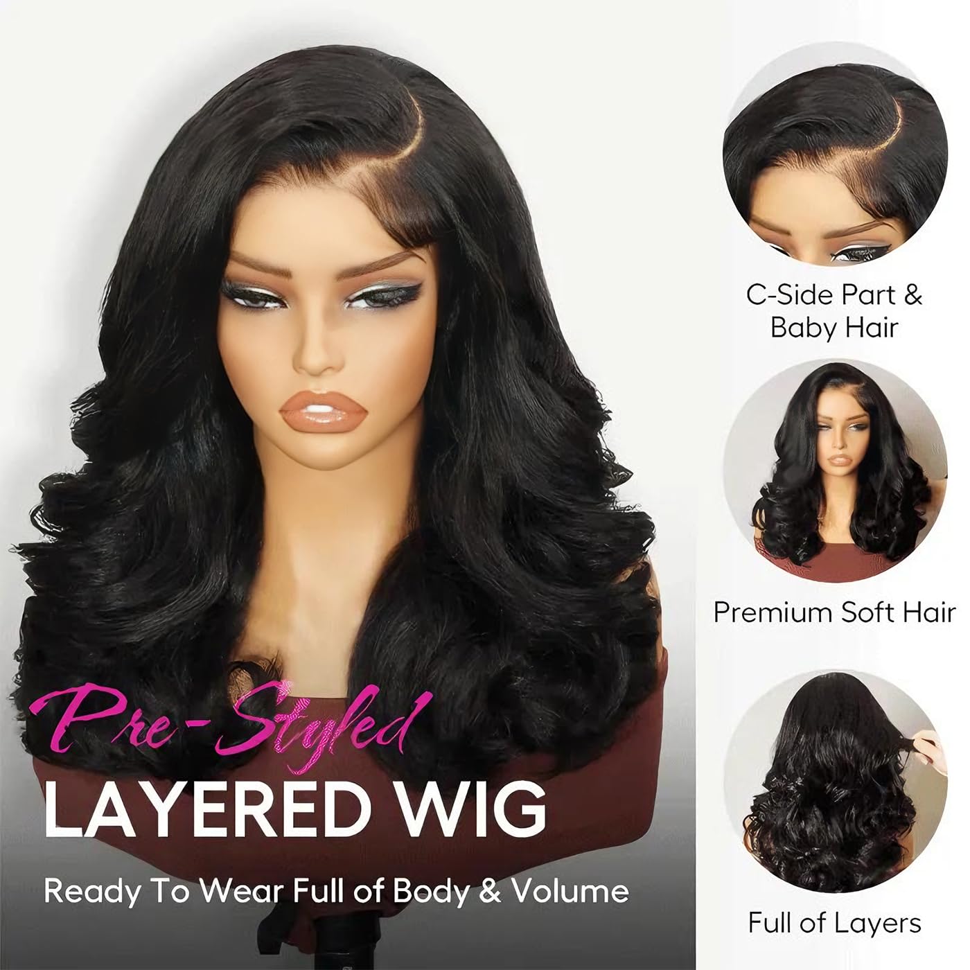 Ugrace Layered Cut C-Side Part Loose Wave Glueless Wigs Human Hair Pre Plucked Pre Cut 6×5 HD Lace With Baby Hair Pre Bleached Knots 200% Density Natural Black Wigs for Black Women 16Inch