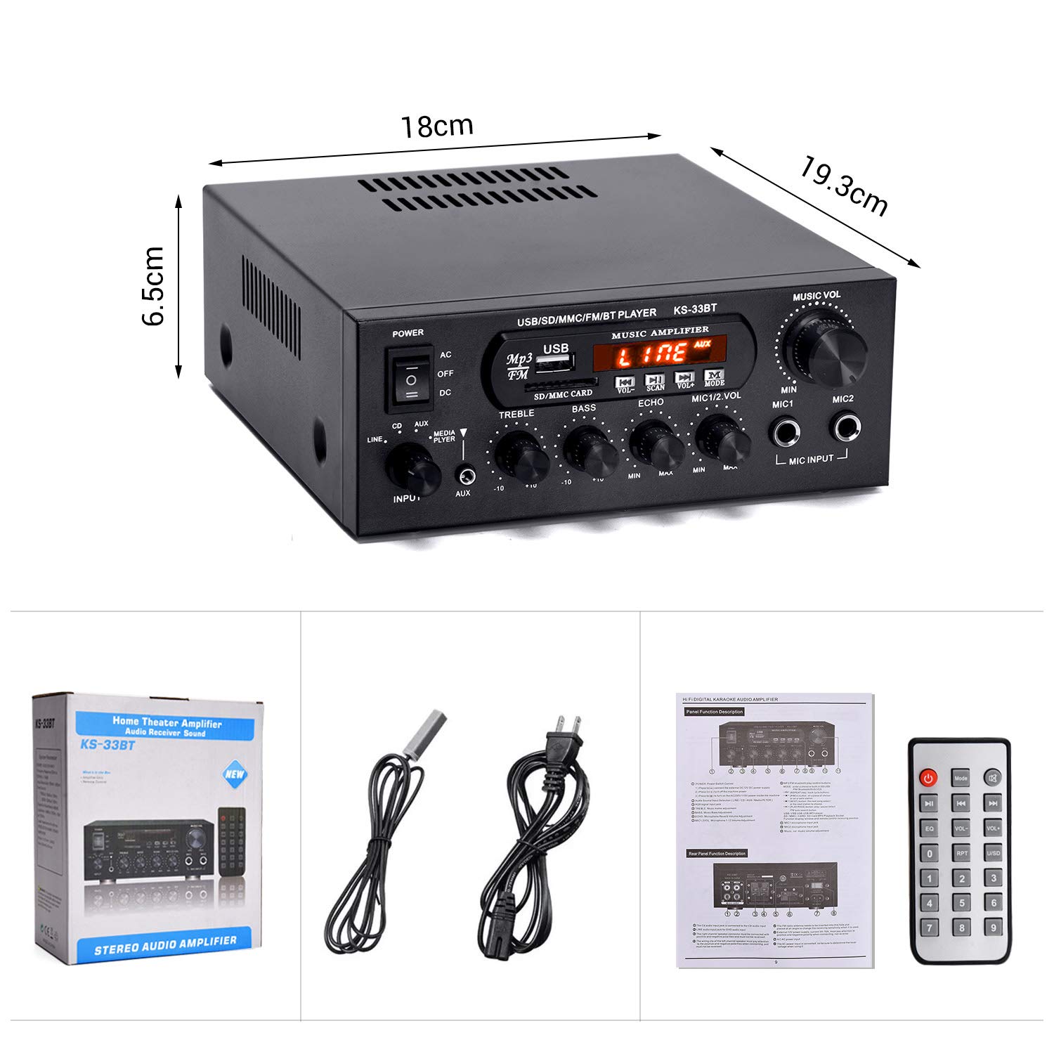 Contents of the Facmogu 33BT amplifier package including the amplifier, remote control, power cable, and manual