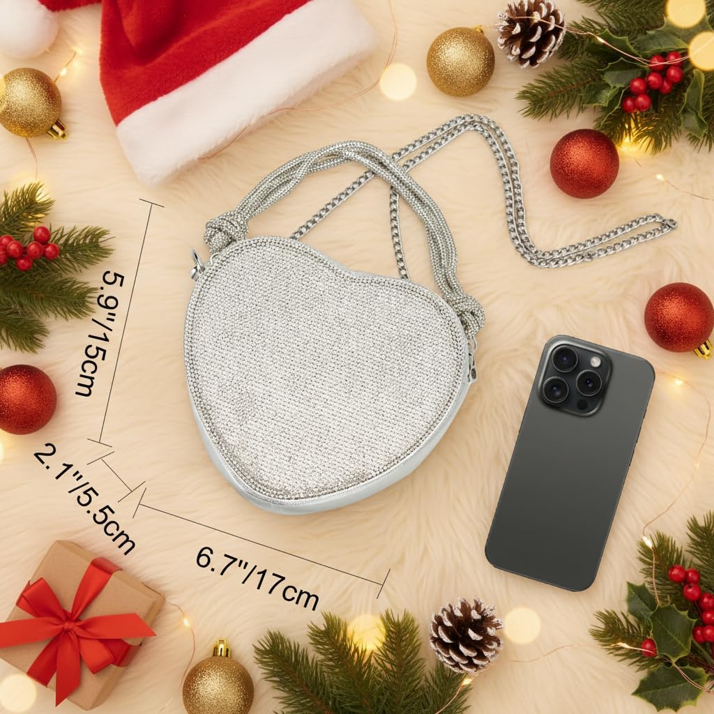 Evening Bag for Women, Silver Purse Heart Shaped Purse Crossbody Bags Shoulder Handbag for Formal - Image 5