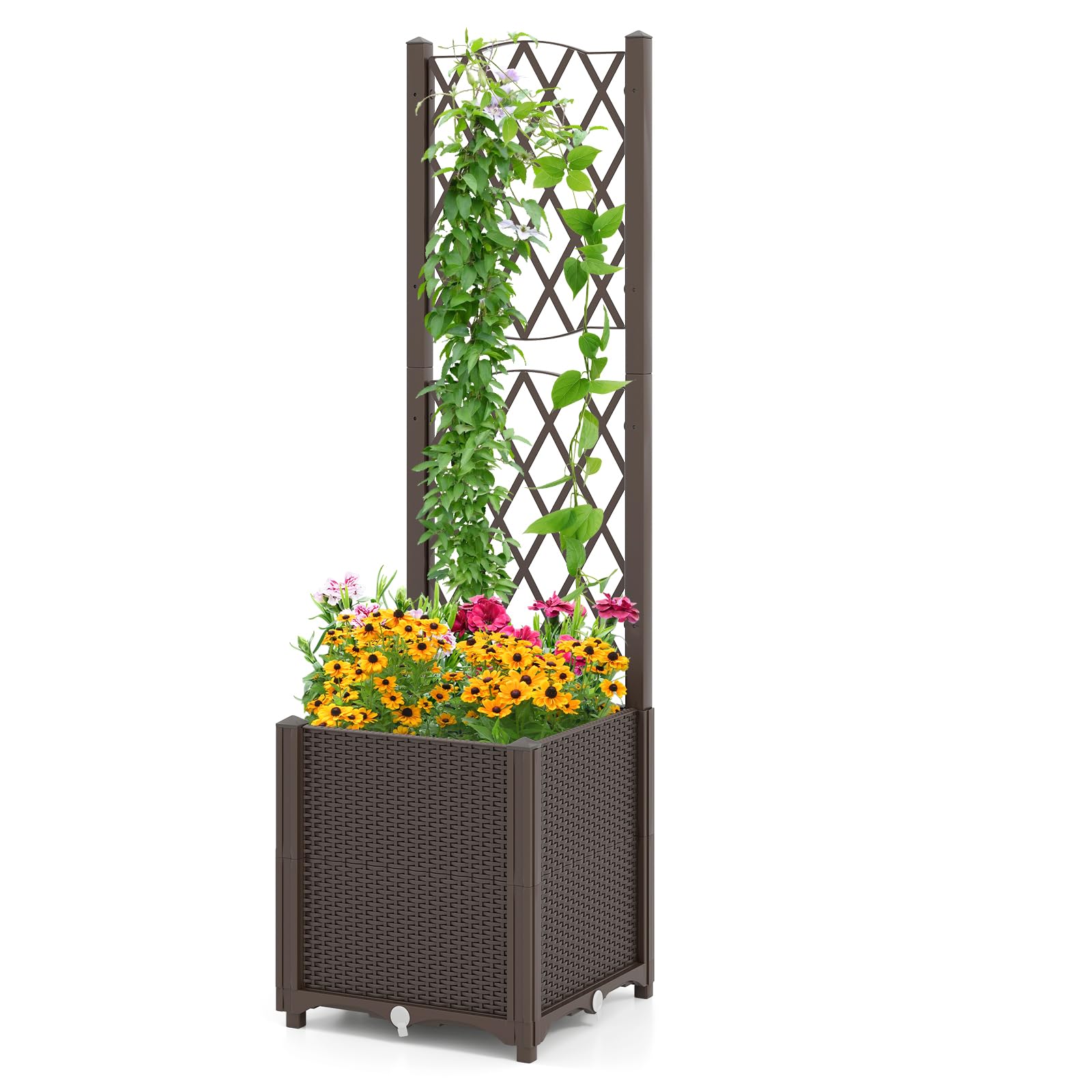 HOMASIS Cama de jardín elevada de madera con celosía, maceta de exterior con disco autoregado, agujeros de drenaje, bandeja de flores para plantas trepadoras, verduras (marrón)