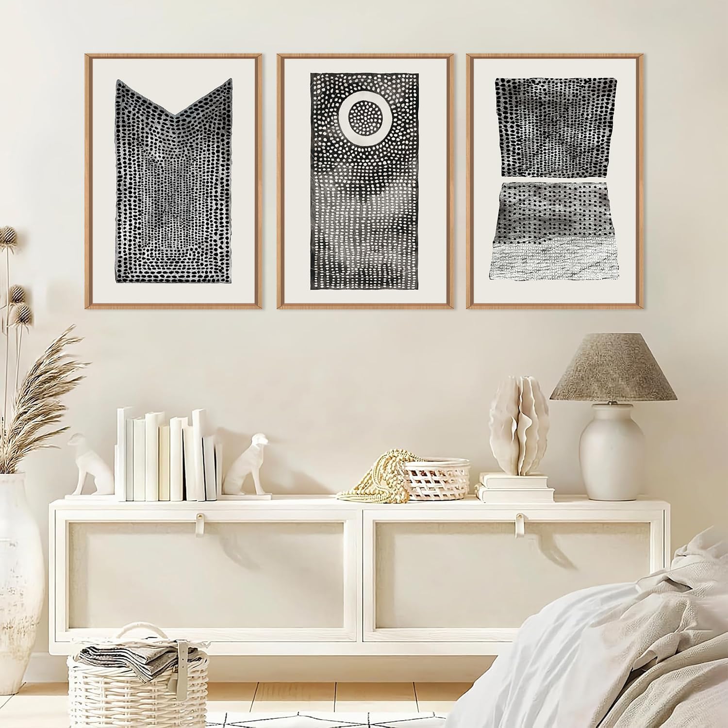 Condition photo showing New/Like New for abstract dot pattern framed canvas wall art set,minimalist black and white wall decor,neutral geometric print,modern circle boho mid century artwork for living room,bedroom-16 x24 x3 abstract dot wall art 16"l x 24"w