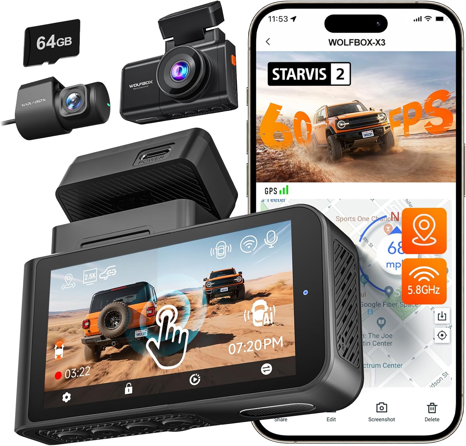 WOLFBOX X3 Dash Cam components and app interface