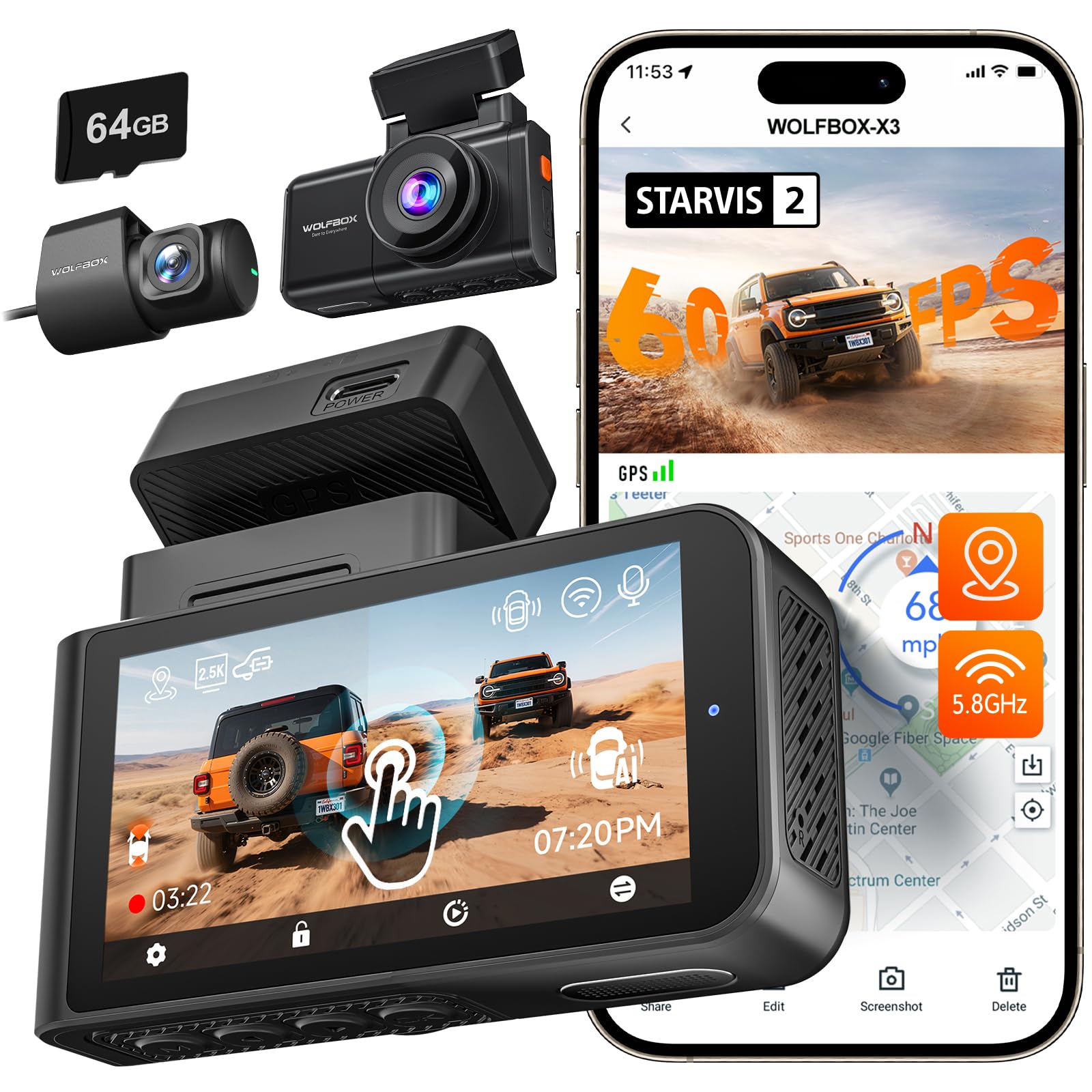 WOLFBOX Starvis 2 IMX675 X3 Cámara 5MP de salpicadero para Coche 2,5 K + 1080P, Doble cámara Trasera para Coche, WiFi y GPS Integrados de 5,8 GHz, Tarjeta de 64 GB, Pantalla táctil, Sensor G