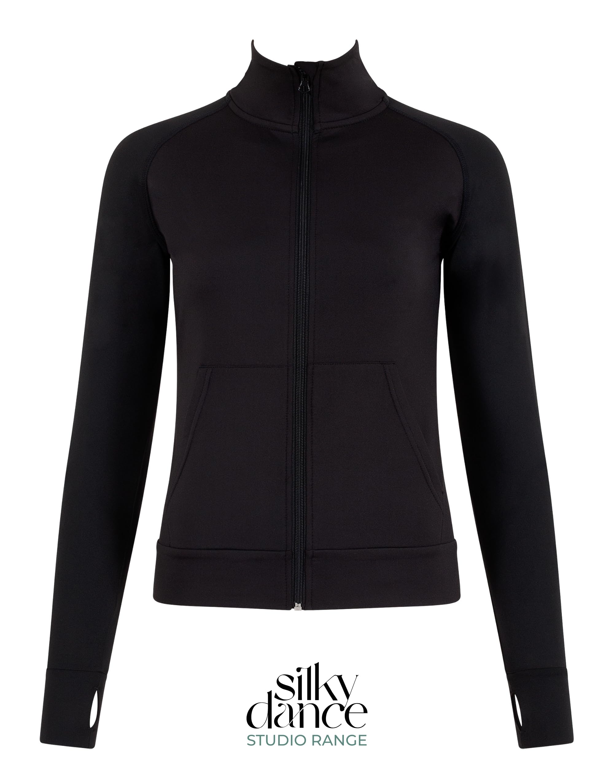 Silky Dance Veste de course à pied zippée pour femmes et filles, veste de sport à manches longues, haut de course à pied, uniforme de danse, veste noire avec trous pour les pouces et poches