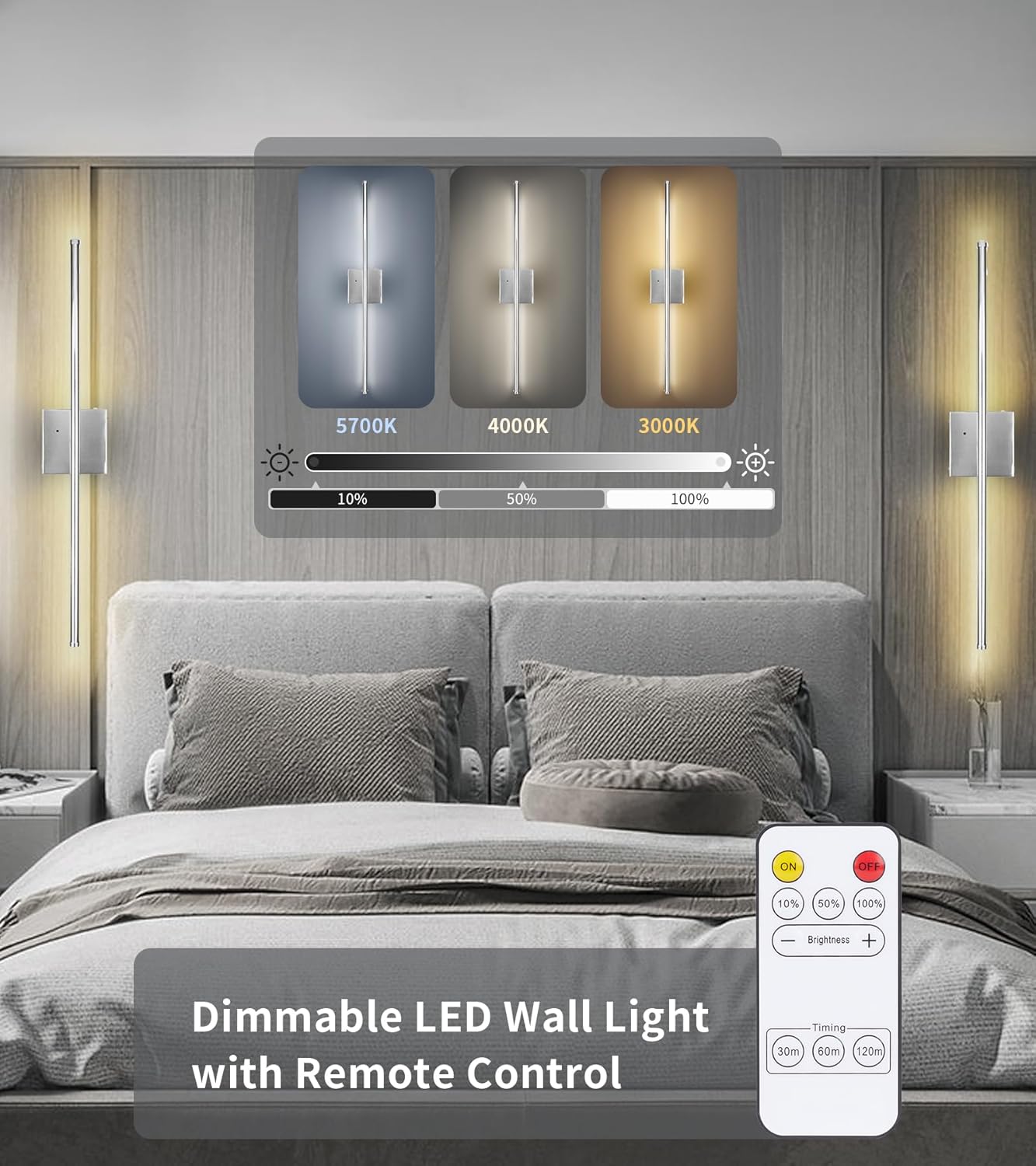 Qiandenghui Battery Operated Wall Sconce Set of 2, 10000mAh Rechargeable Wall Light with Remote Control, Dimmable LED Lighting Fixture, Modern Long Line Wireless Light for Bedroom Living Room,Nickel