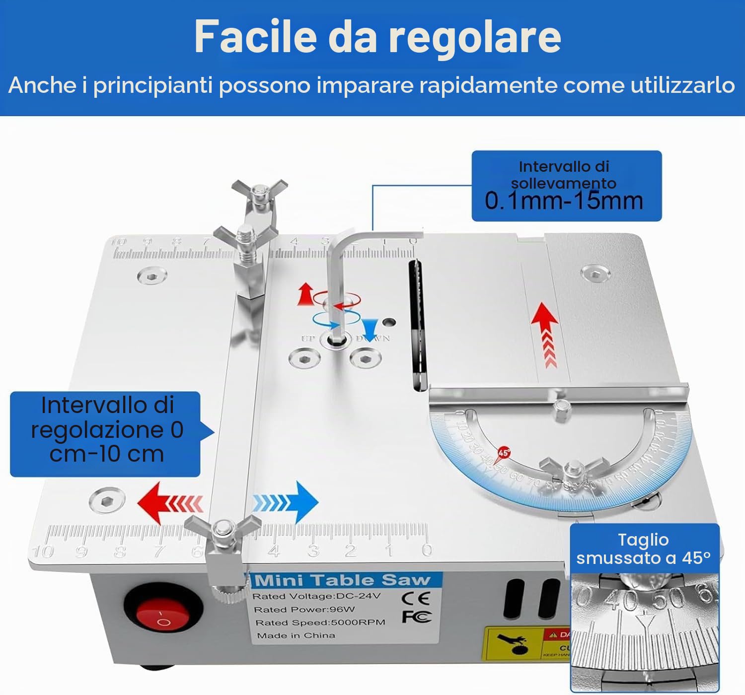 Mini sega circolare da tavolo con disco per lucidatura e 4 lame, mini sega circolare con alimentatore di rete a 7 marce, lama per sega regolabile da 0,1 a 15 mm, sega circolare portatile piccola per