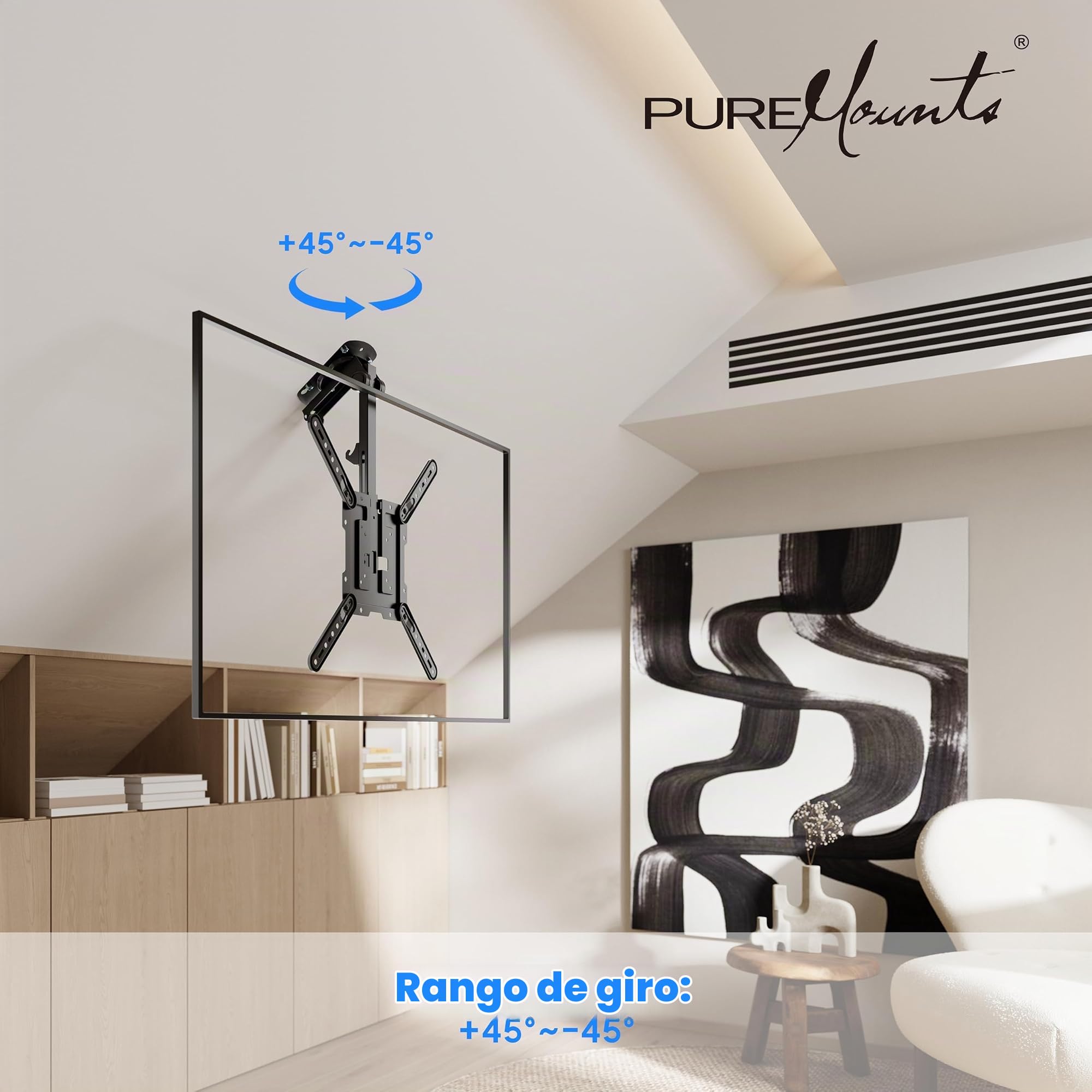 PureMounts Soporte de Techo para televisores, Adecuado para 23-55 Pulgadas, Plegable, Ajustable en Altura, Giratorio, inclinable, hasta VESA 400x400, Negro
