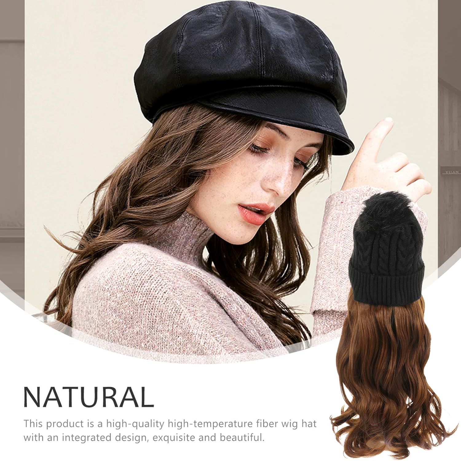 FRCOLOR Women Beanie Hat with Hair Long Wavy Hair Winter Knit Hat with Hair Attached Synthetic for Women Daily Party Use - Image 3