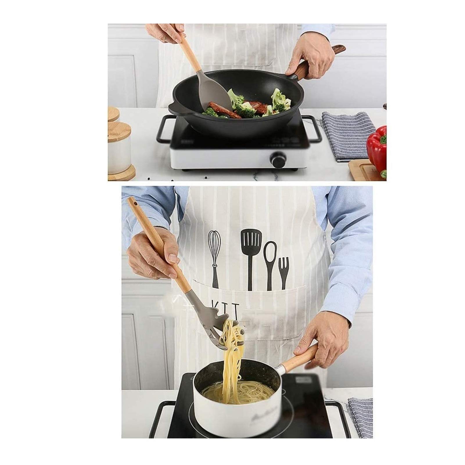 Utensilios de Cocina de Silicona con Mango de Madera, Utensilios de Cocina antiadherentes, Juego de Utensilios de Cocina de Silicona Resistentes a Altas temperaturas, Cuchara, espátula,